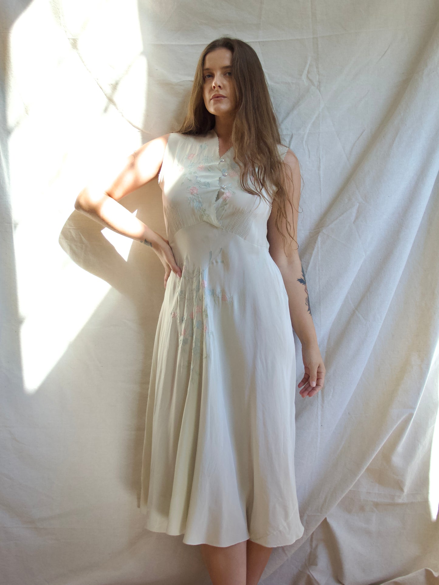 1930s Pale Seafoam Silk Floral Appliqué Slip Dress