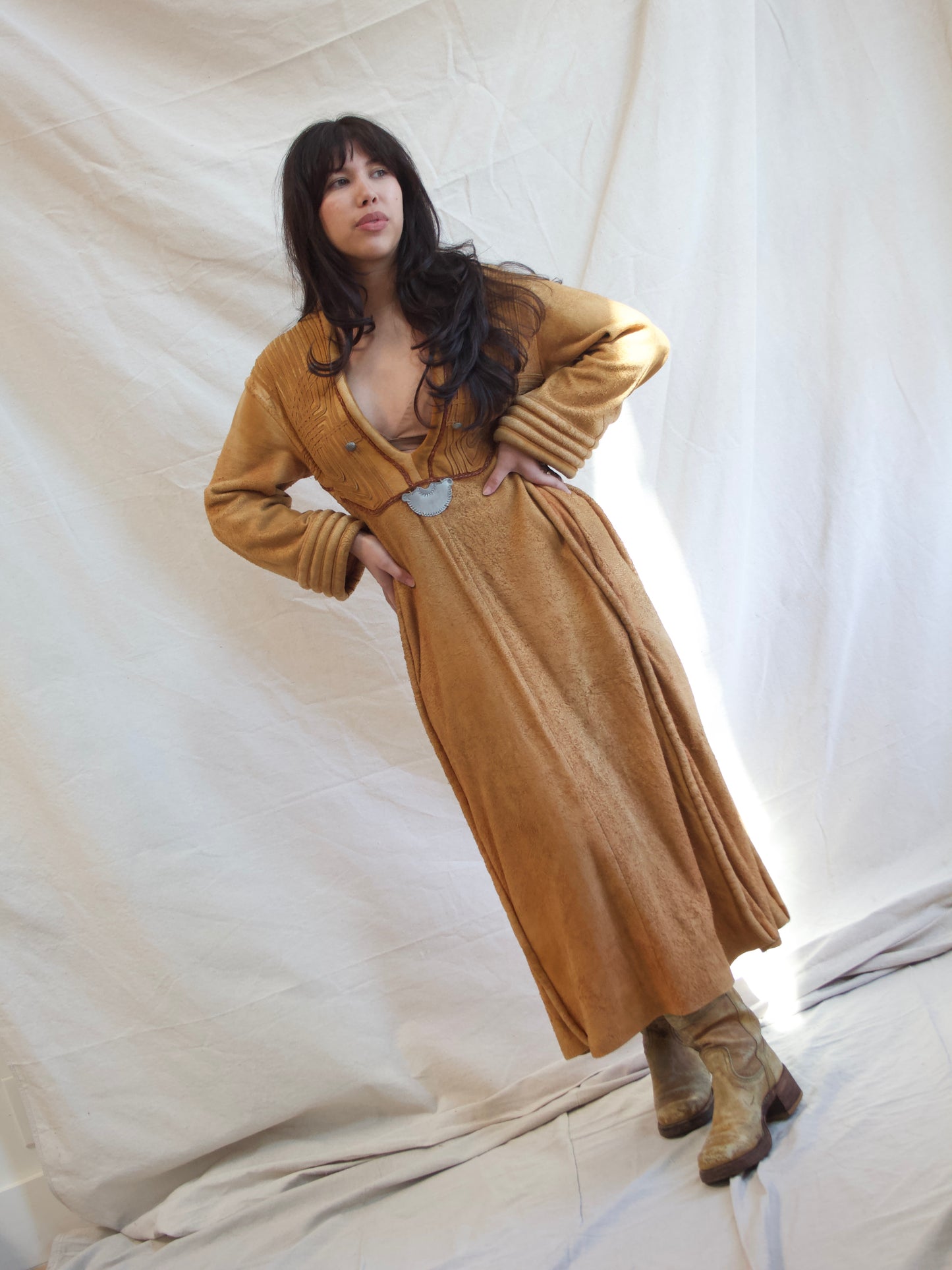 1970s OOAK Hippie Suede Leather Bell Sleeve Dress