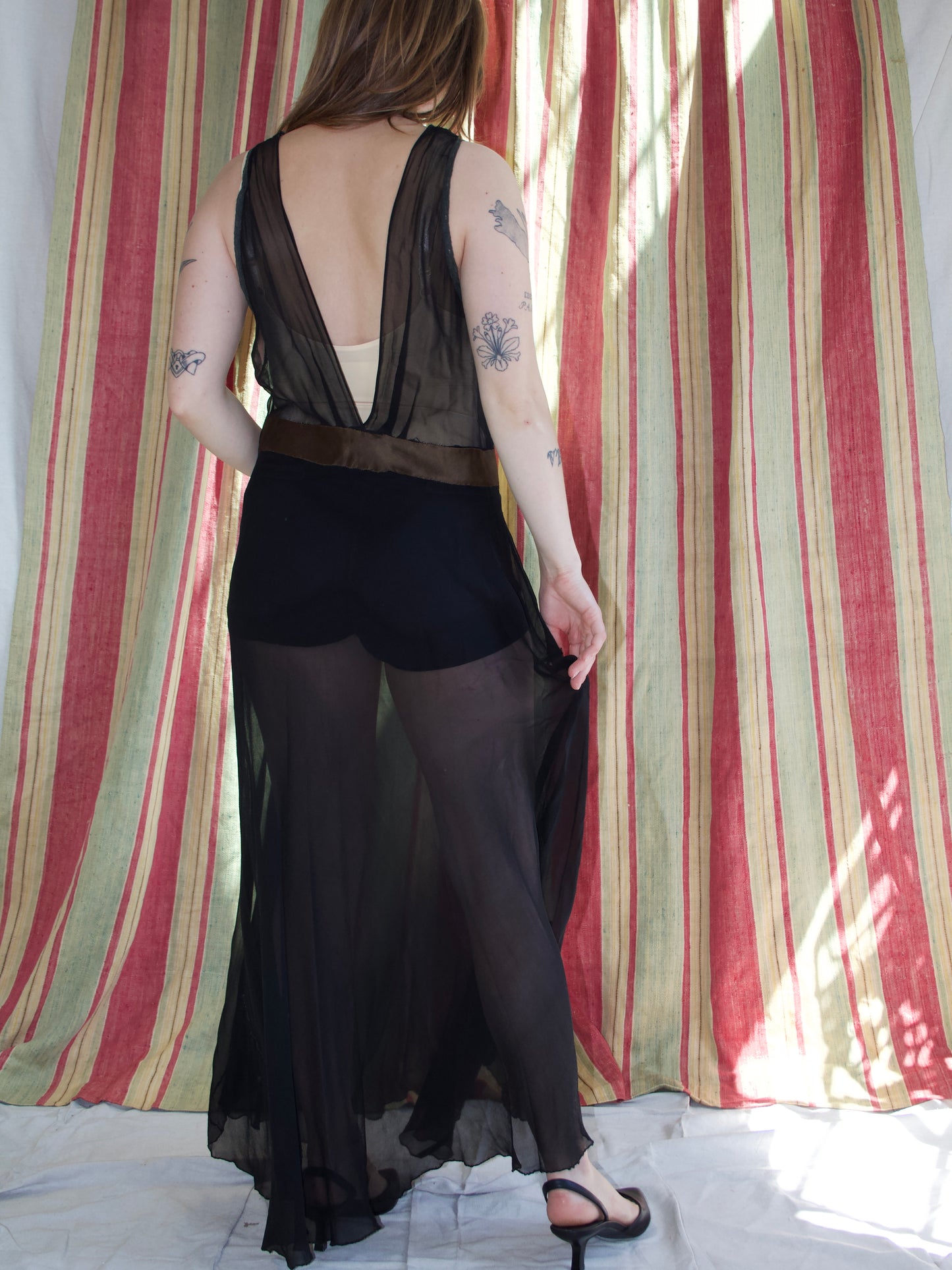 1930s Plunging Bias Cut Two Tone Silk Chiffon & Lace Trim Gown