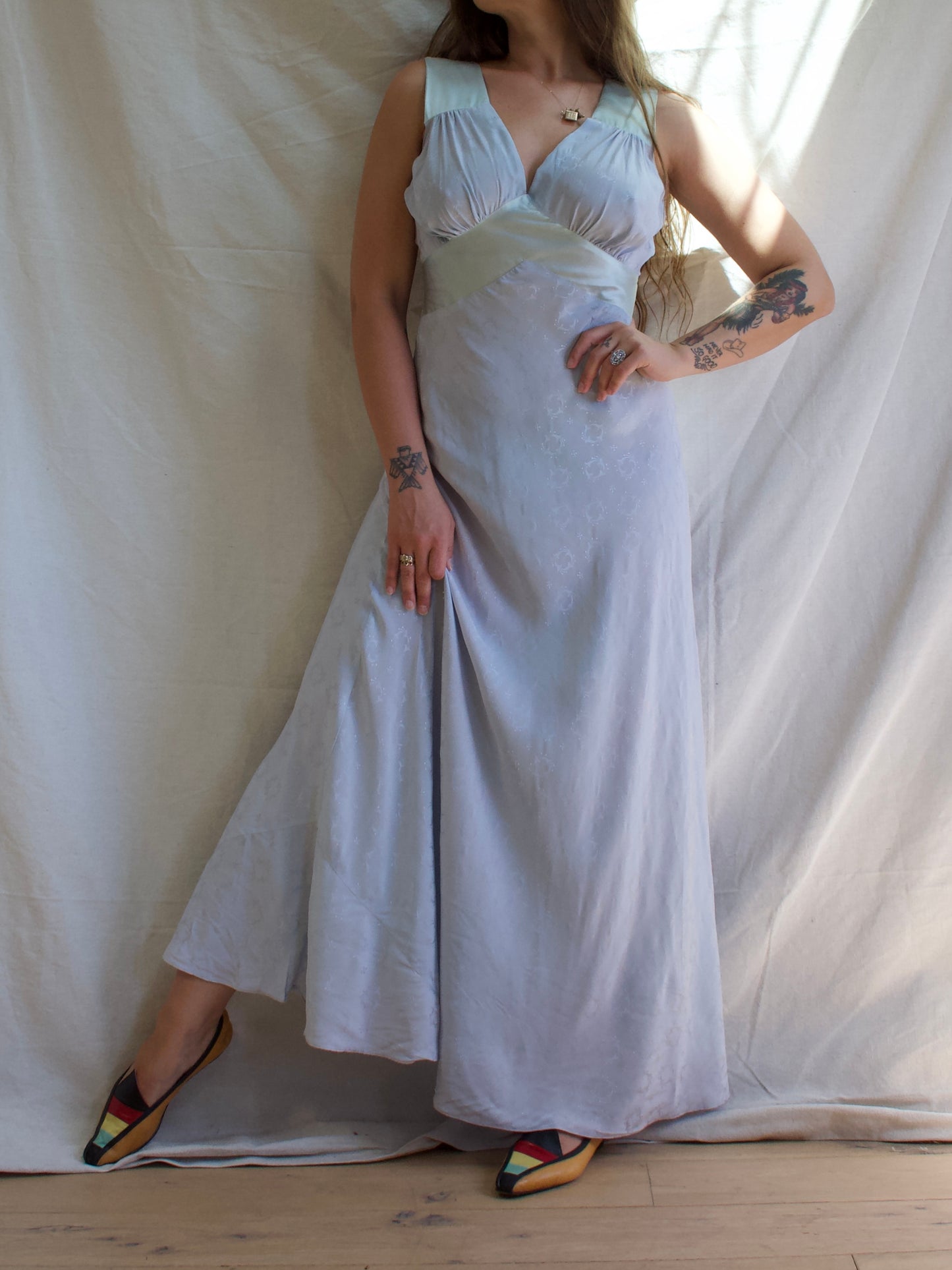 Headstock 1940s Icey Blue Silk Rayon Brocade Bias Cut Slip Dress
