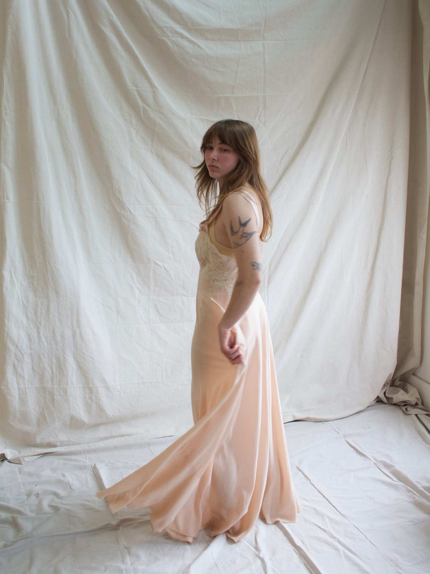 1930s Hand Sewn Bias Cut Silk Lace Floral Appliqués Slip Dress