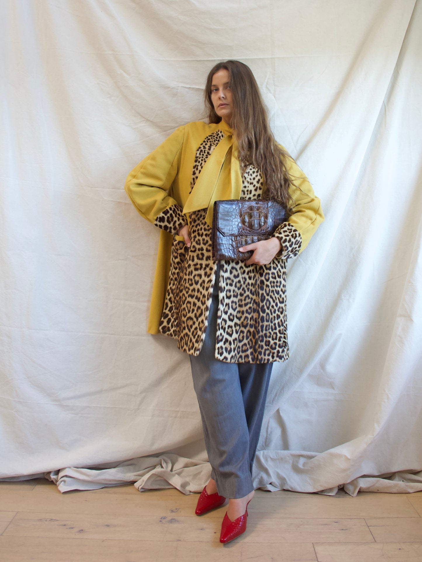 1940s Lemon Yellow Wool & Real Leopard Fur Swing Coat