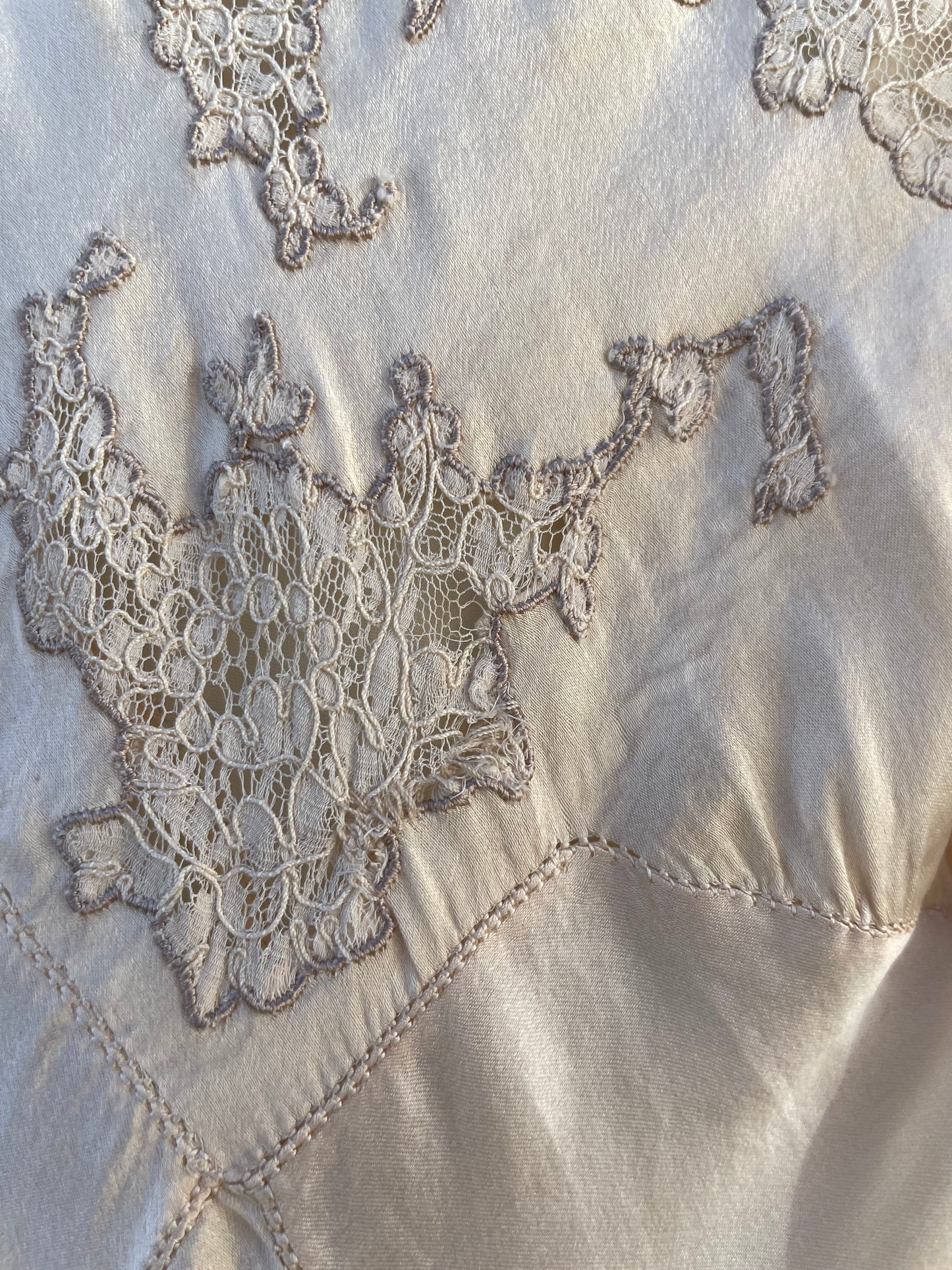 1930s Inset Lace Bias Cut Silk Cap Sleeve Slip Dress