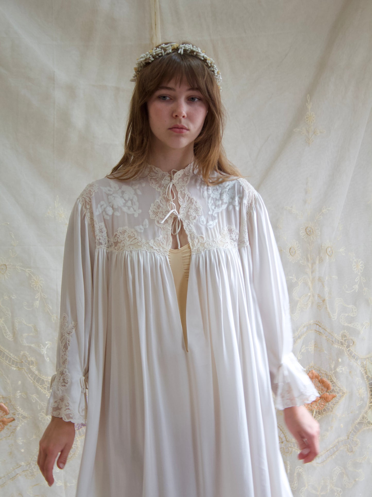 Rare 1930s Silk Lace Hand Sewn Balloon Sleeve Deep V Trousseau Gown