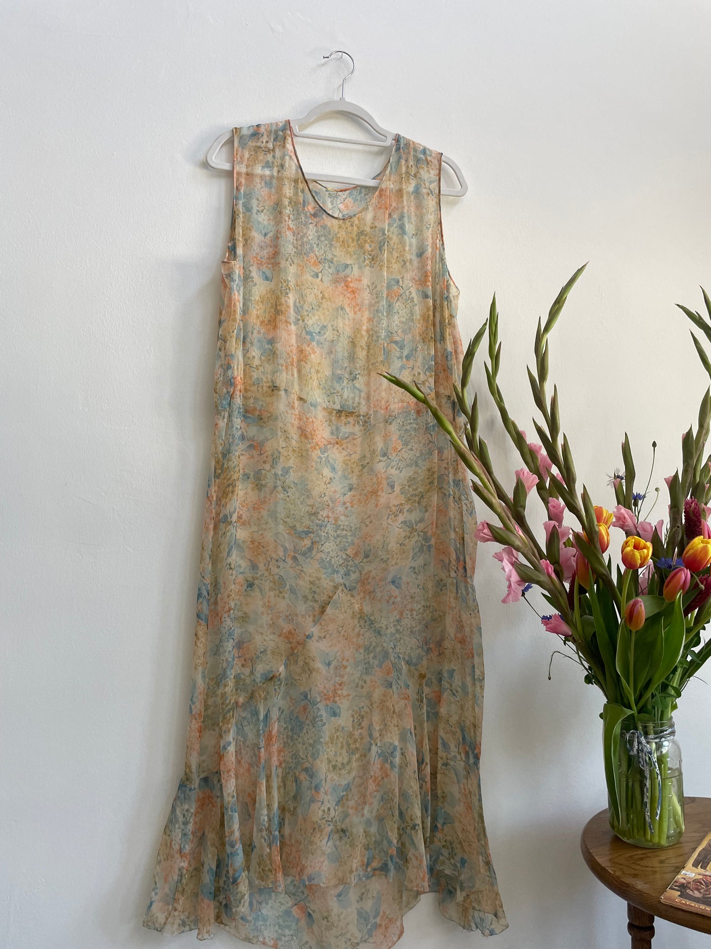 1920s Springtime Floral Silk Chiffon Drop Waist Dress