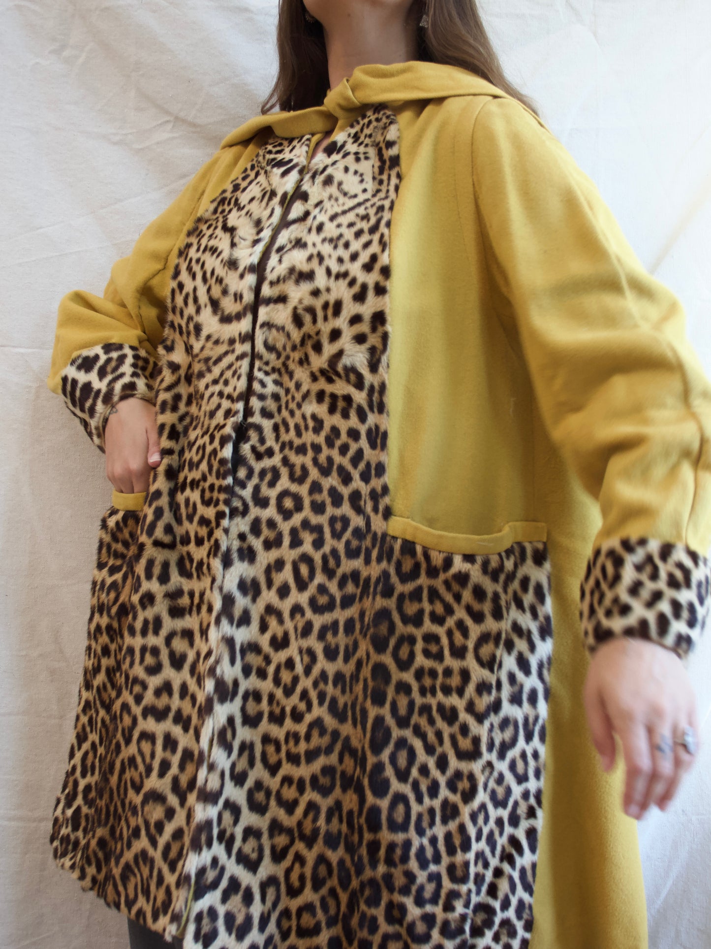 1940s Lemon Yellow Wool & Real Leopard Fur Swing Coat