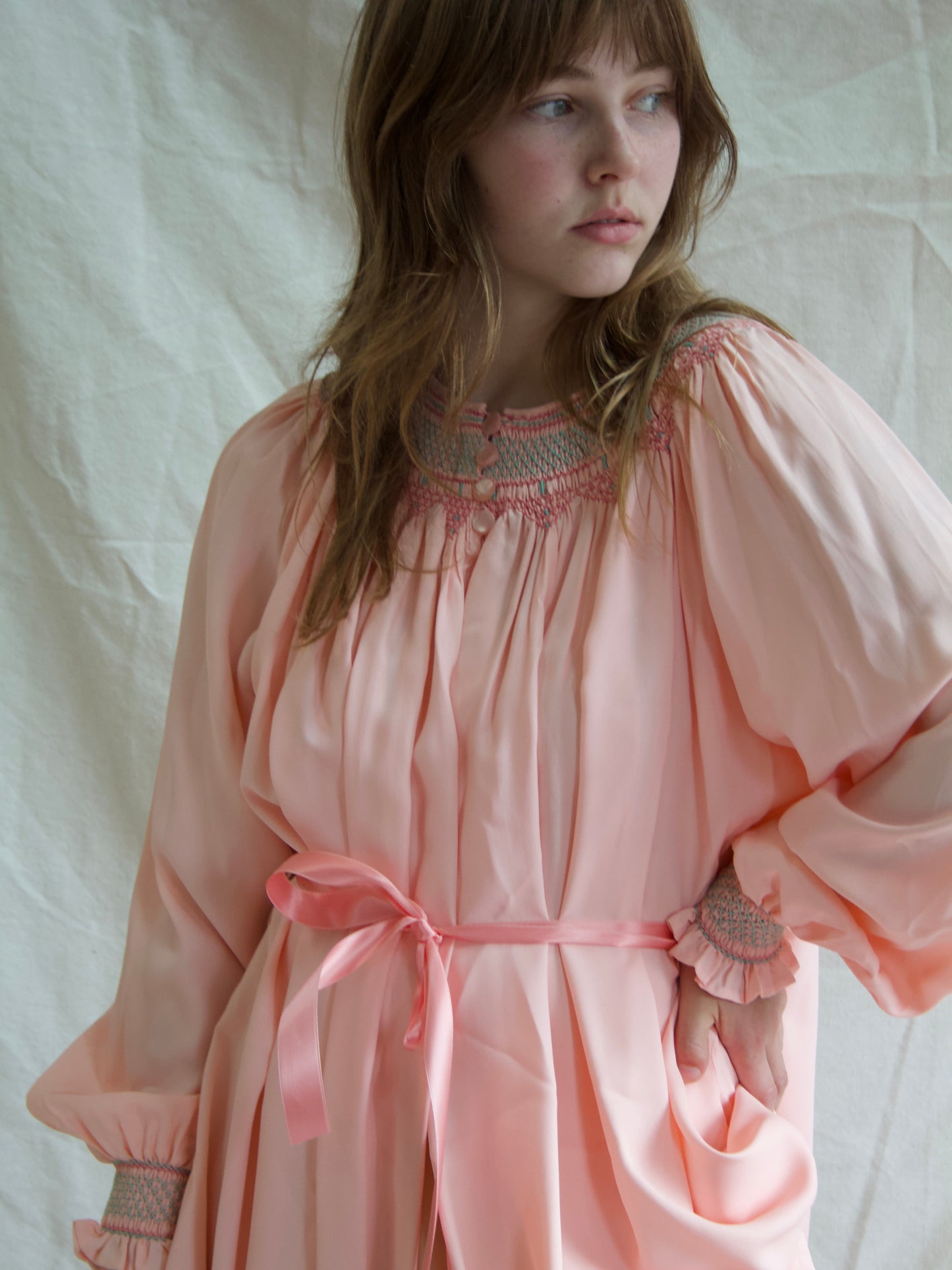 1940s Open front Smocked Balloon Sleeve Silk Crepe Smock Dress