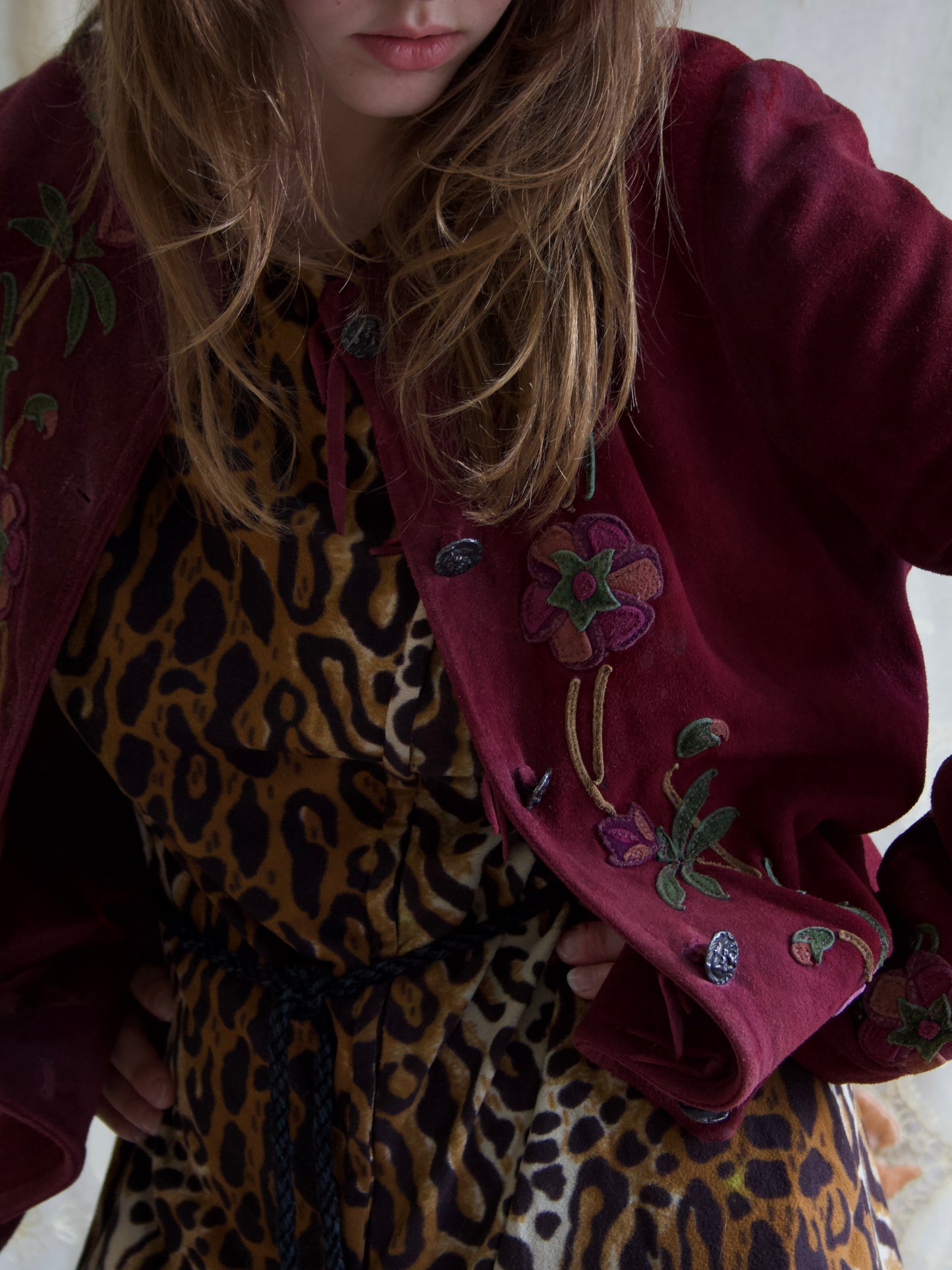 1970s Aubergine Suede Floral Applique Jacket