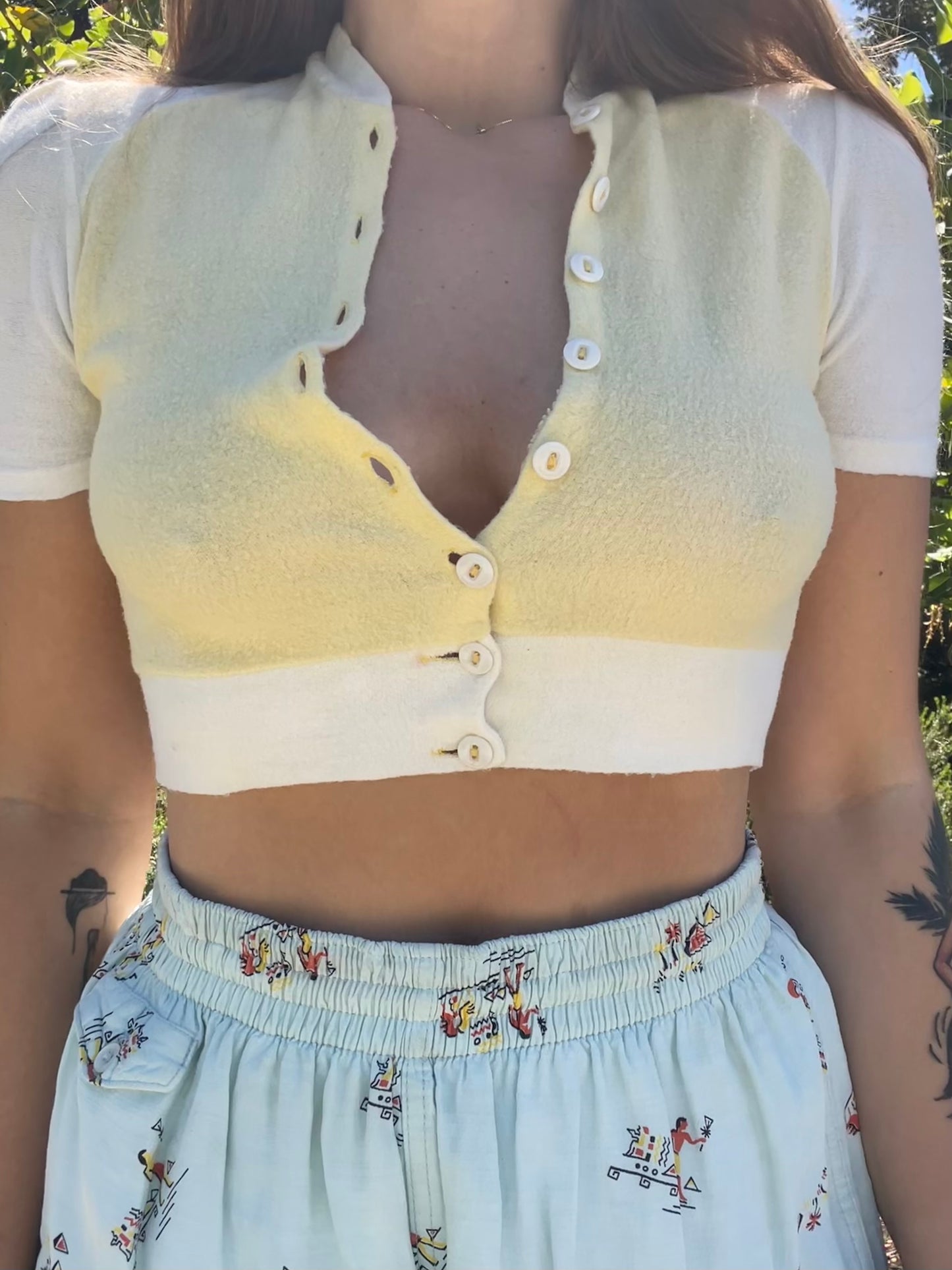 1930s Two Tone Butter Yellow & Ivory Fuzzy Rayon Knit Puff Sleeve Cropped Knit