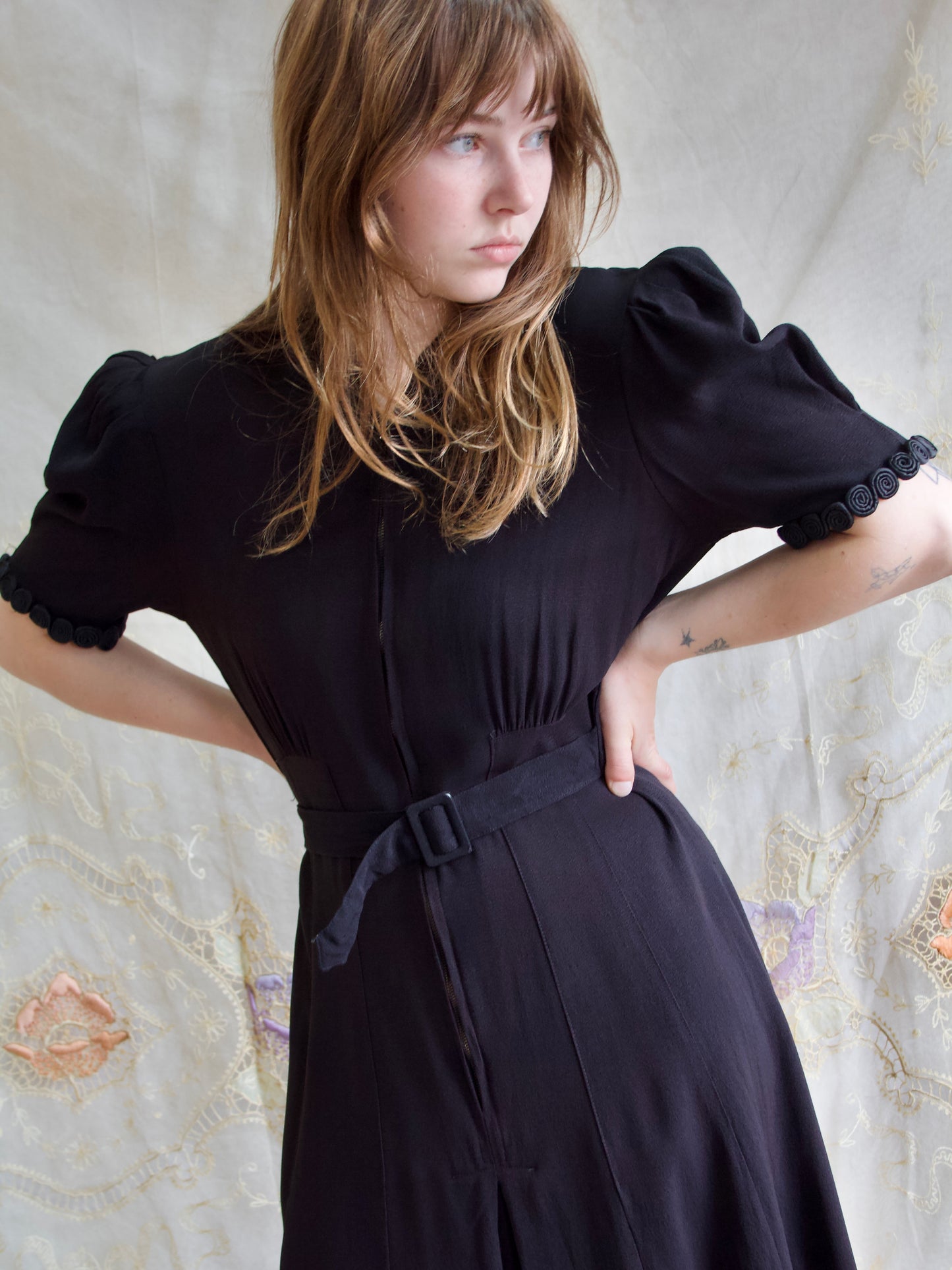 Inky Black 1940s Rayon Crepe 2 Piece Zip front Puff Sleeve Dress