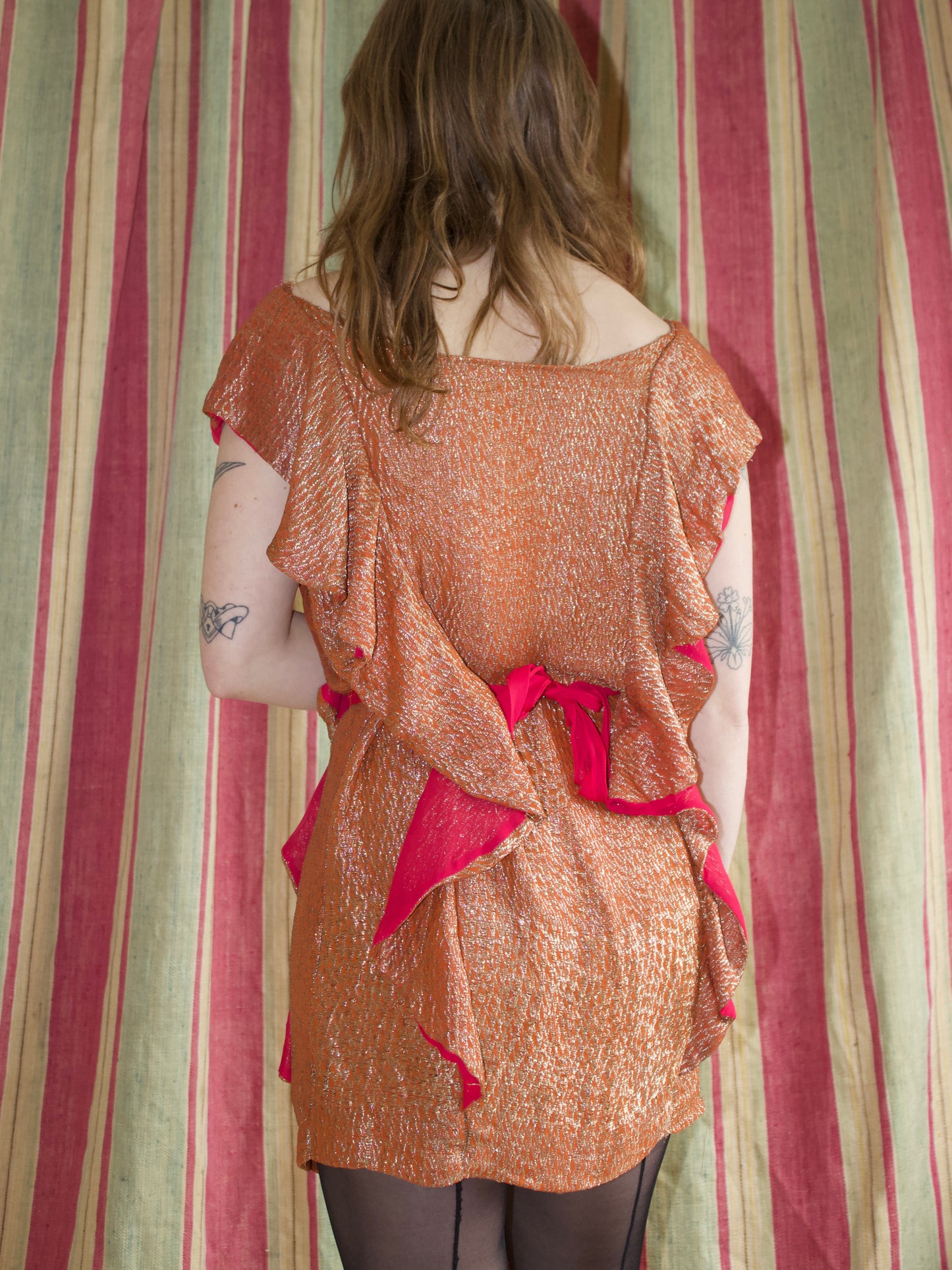 1930s Tangerine Lamé Ruffle Tunic w* Sash