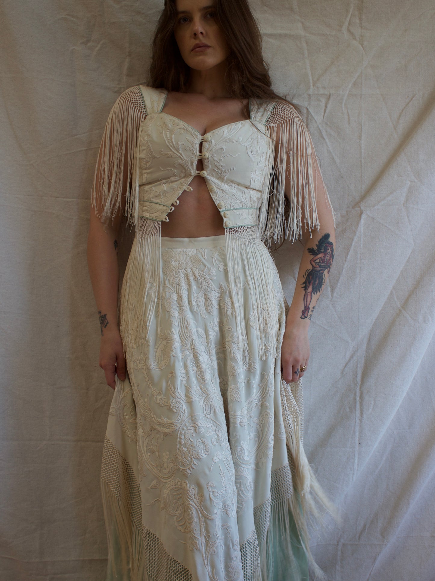 Antique Embroidered Fringe Piano Shawl Made Two Piece Gown