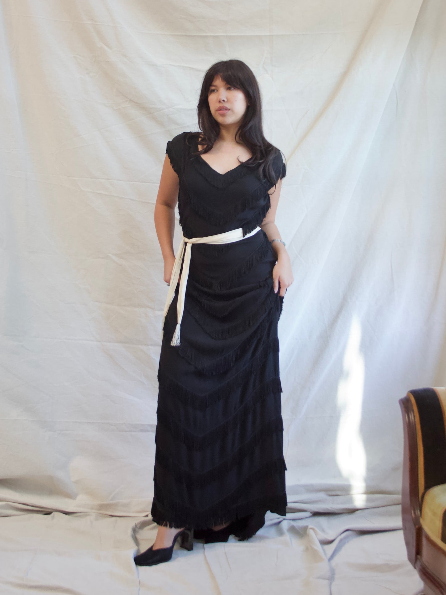 1940s Rayon Crepe Fringe Trained Gown