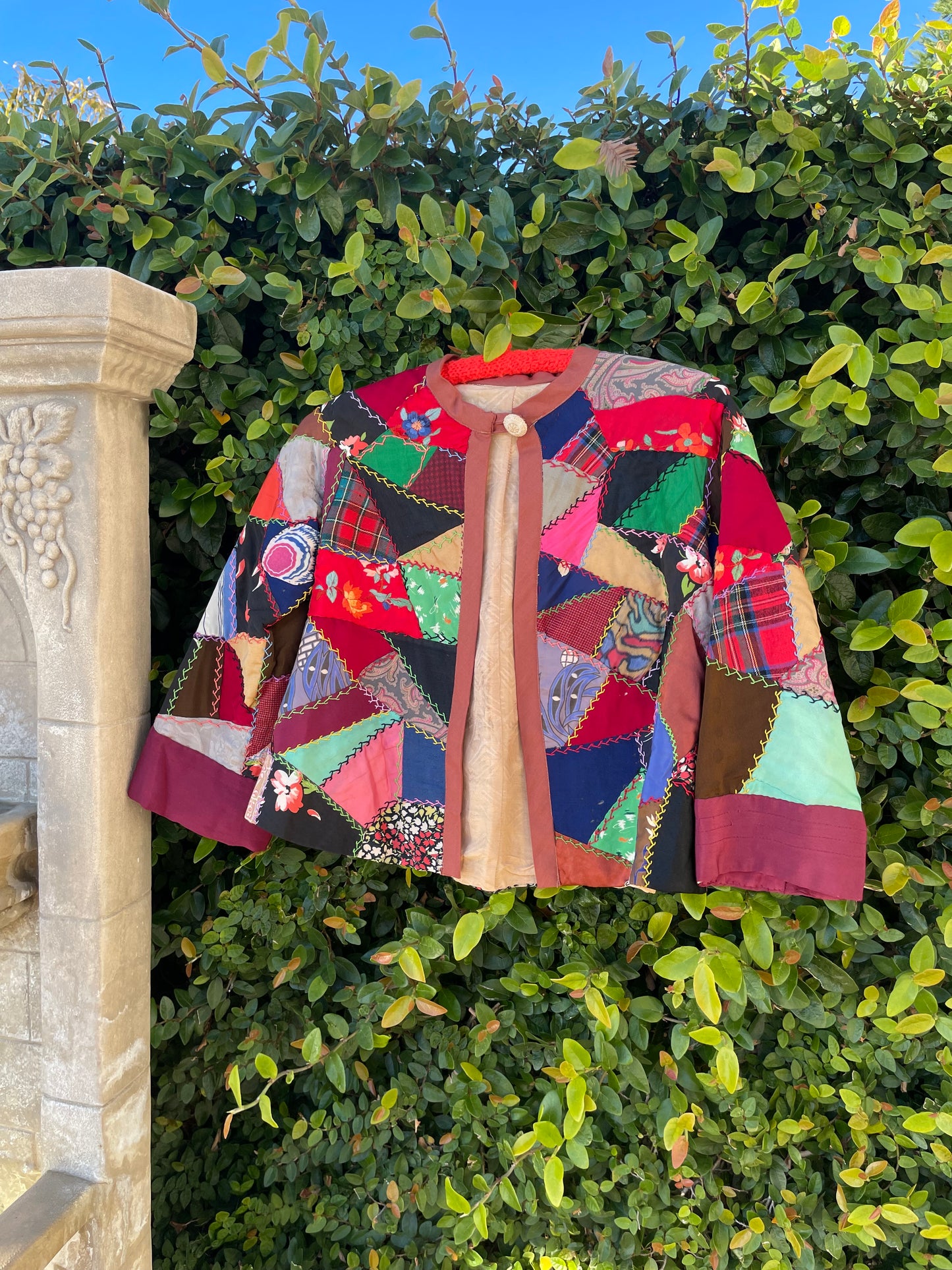 1930s Silk Satin Crazy Quilt Bell Sleeve Cropped Jacket