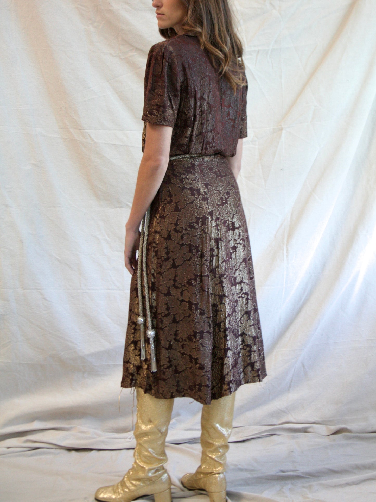 1940s Puff Sleeve Chocolate & Gold Lamé Dress