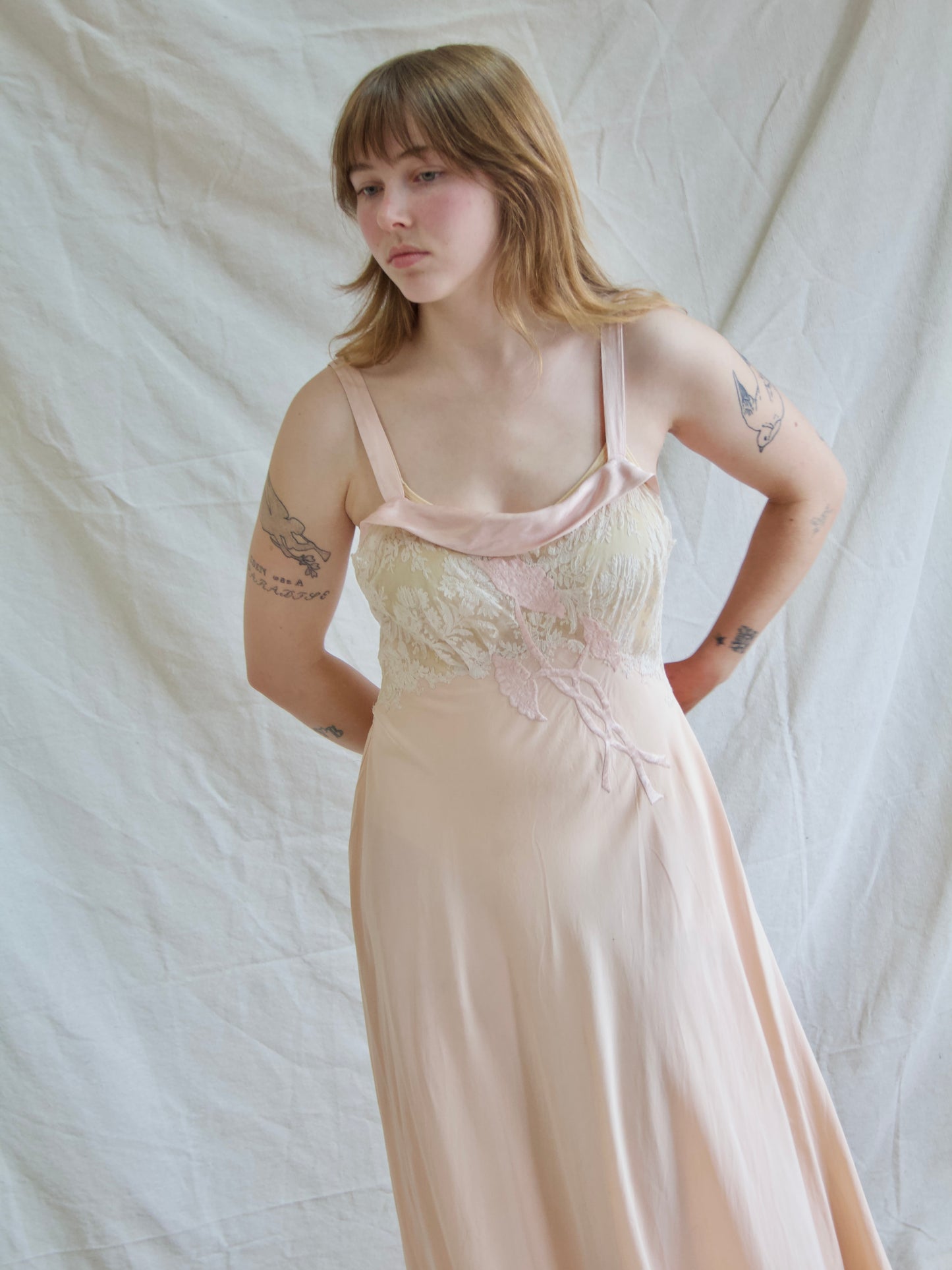 1930s Hand Sewn Bias Cut Silk Lace Floral Appliqués Slip Dress