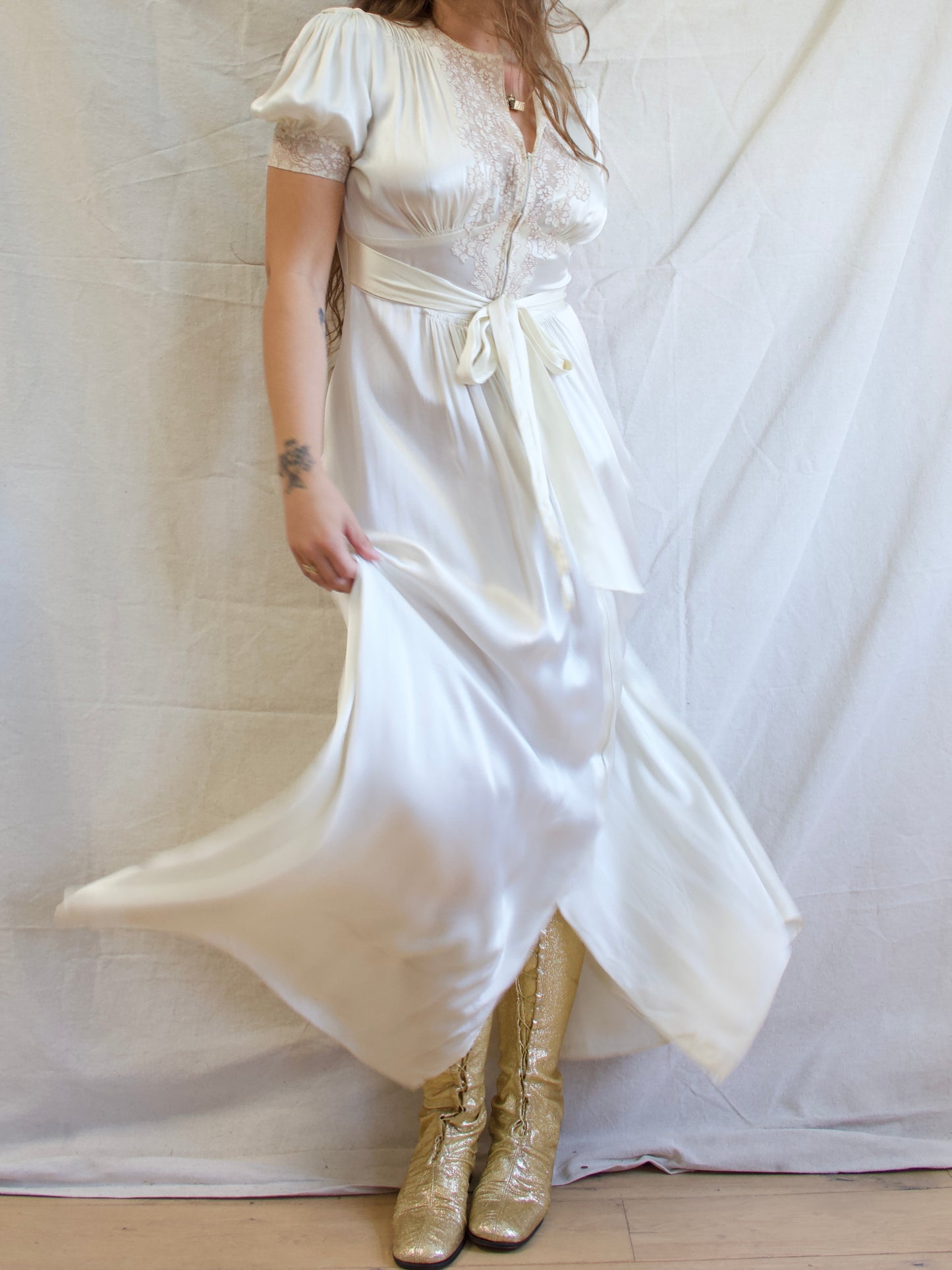 Late 1930s Liquid Silk Satin Trained Zip Front Inset Lace Gown