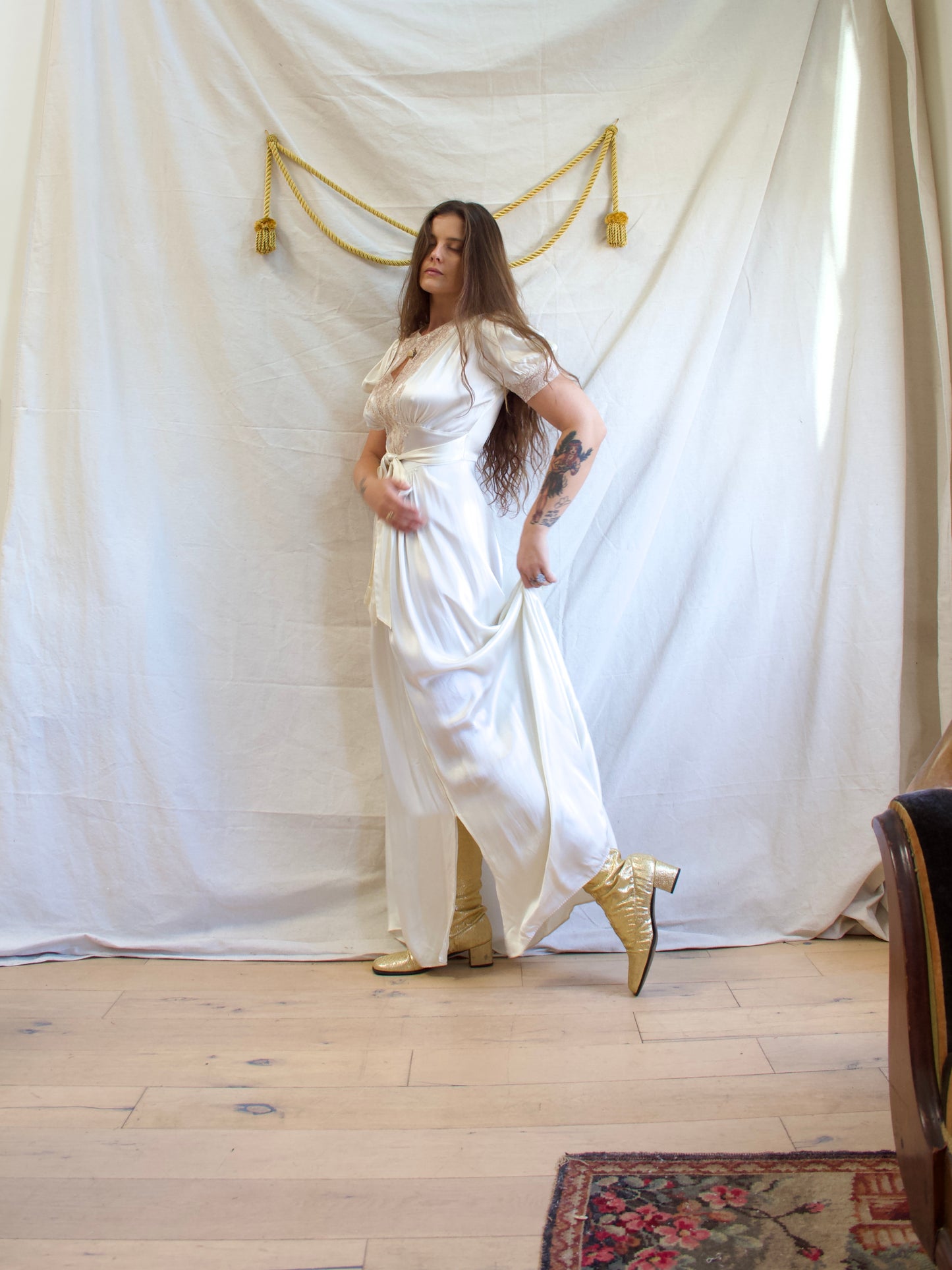 Late 1930s Liquid Silk Satin Trained Zip Front Inset Lace Gown