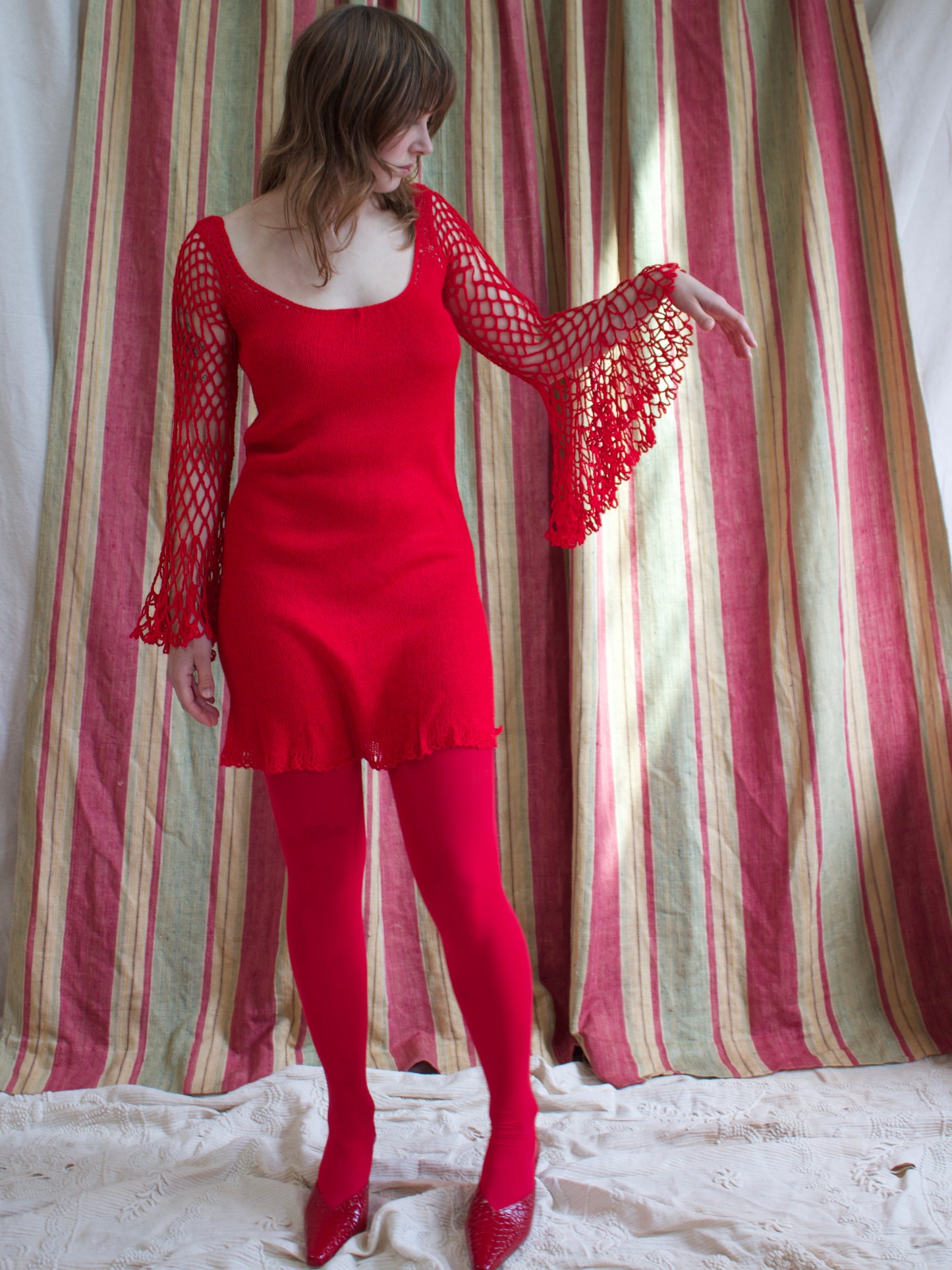 1970s Cherry Red Bell Sleeve Knit Mini Dress