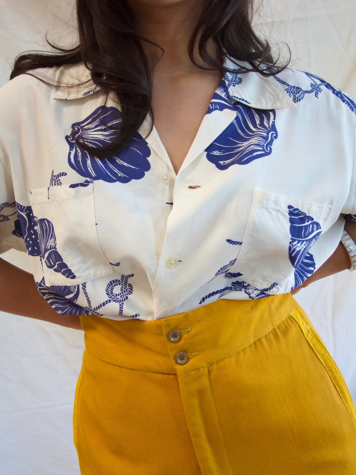 1940s Nautical Sea Shell Print Rayon Shirt