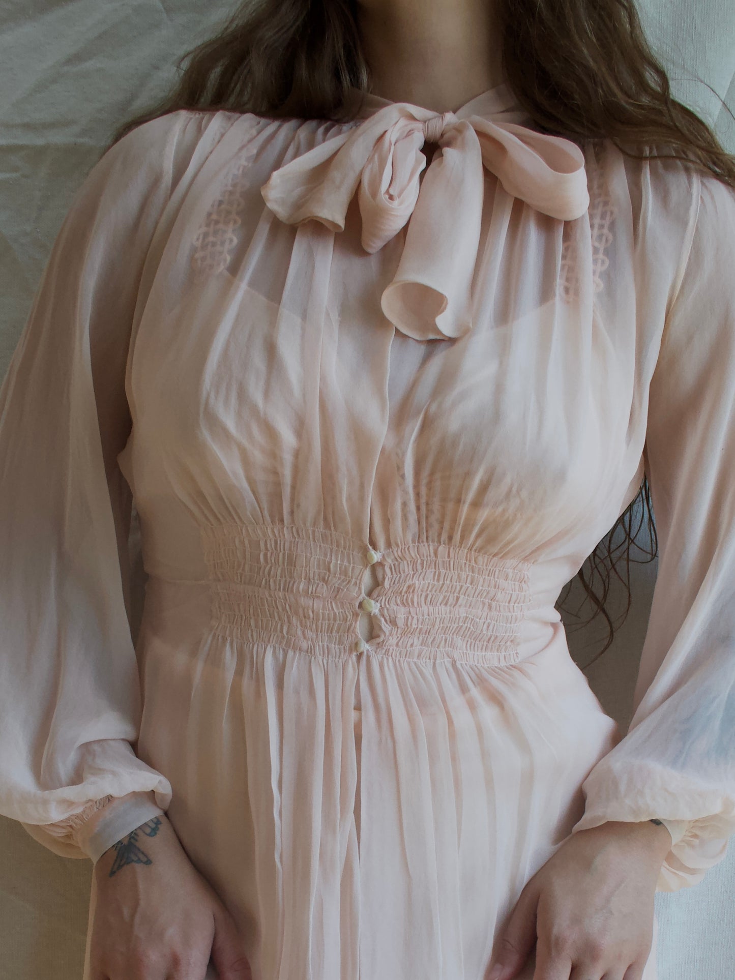 1930s Chiffon Bishop Sleeve Smocked Trained Peignoir