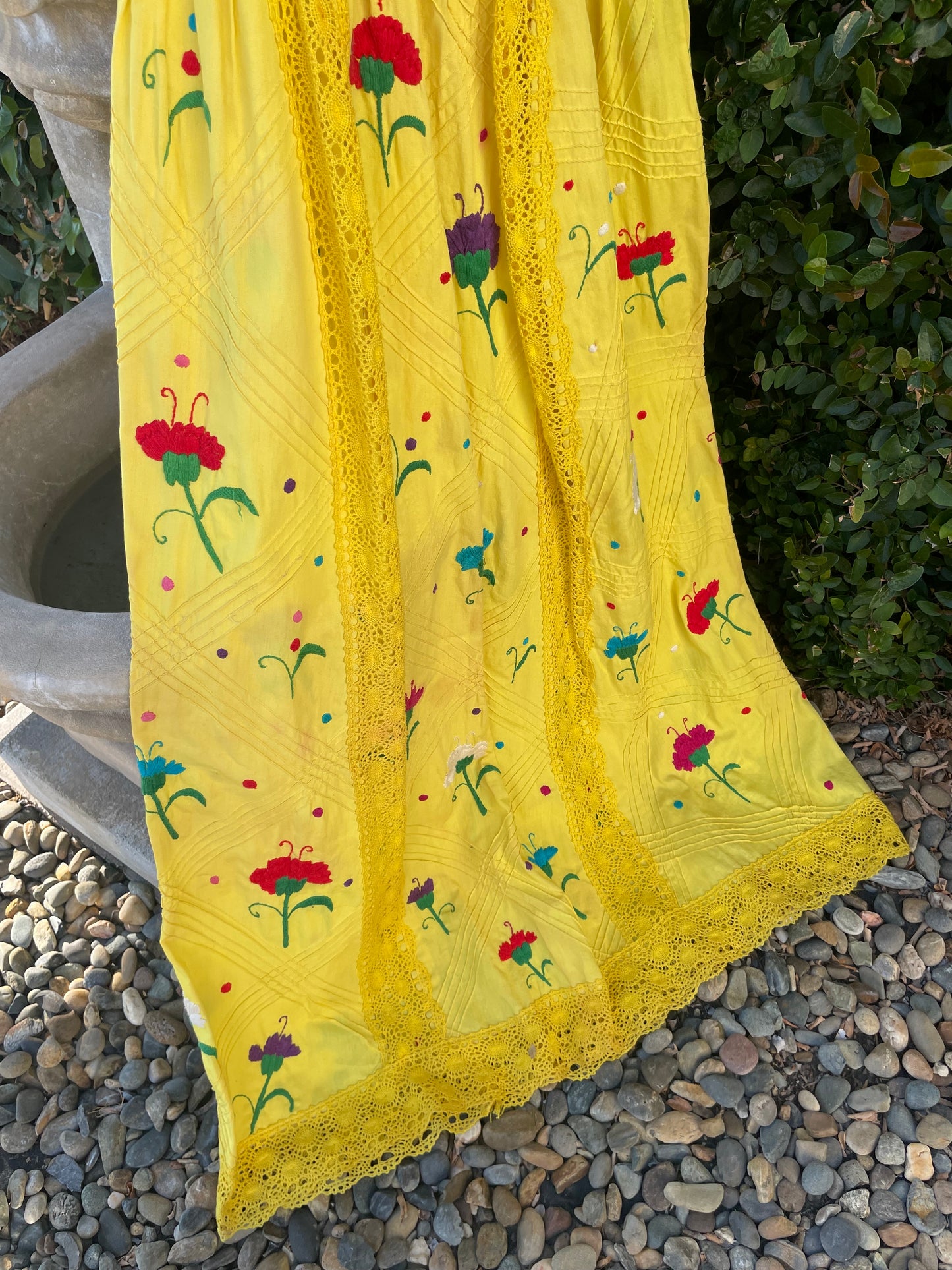 1970s Vibrant Yellow Embroidered Mexican Maxi Length Bell Sleeve Dress
