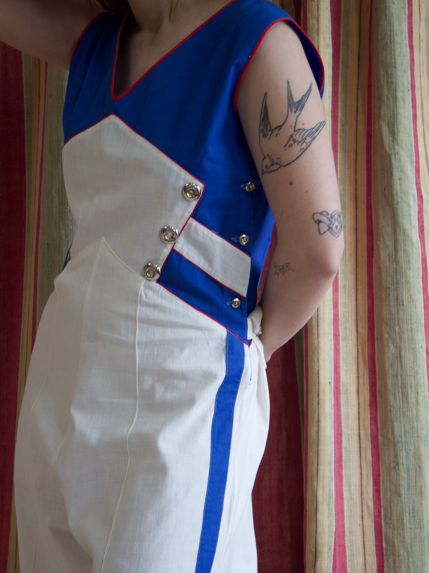 Rare 1930s Tri-Tone Cotton Side Button Beach Pajamas / Overalls w* Side Cinch