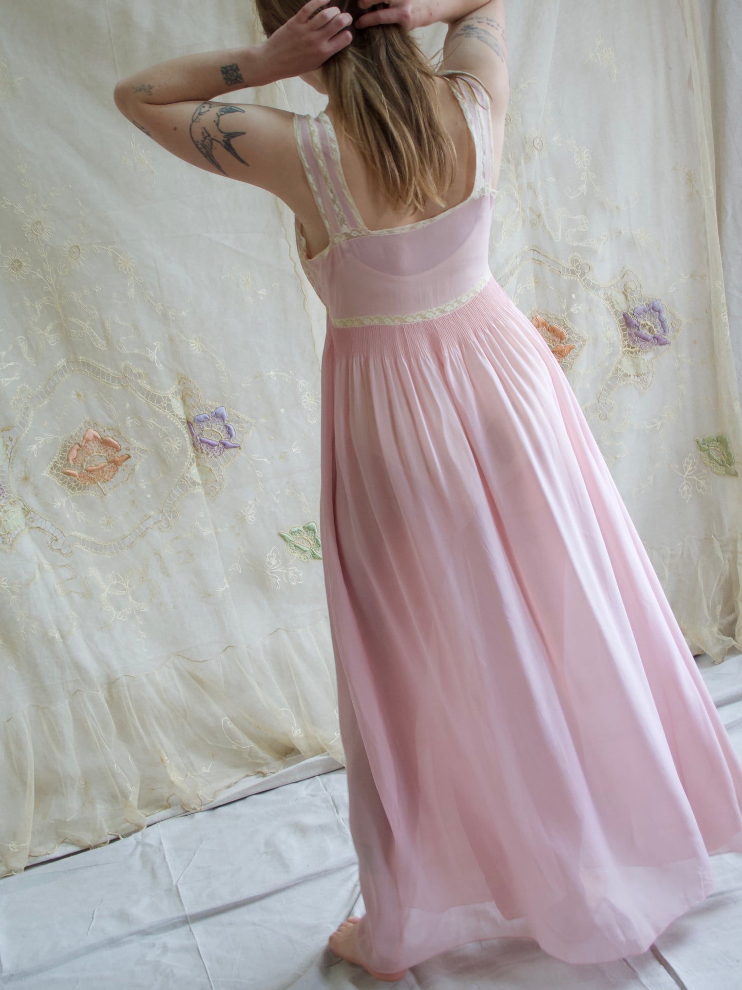 1930s Pale Silk Chiffon & Lace Hand Embroidered Slip Dress