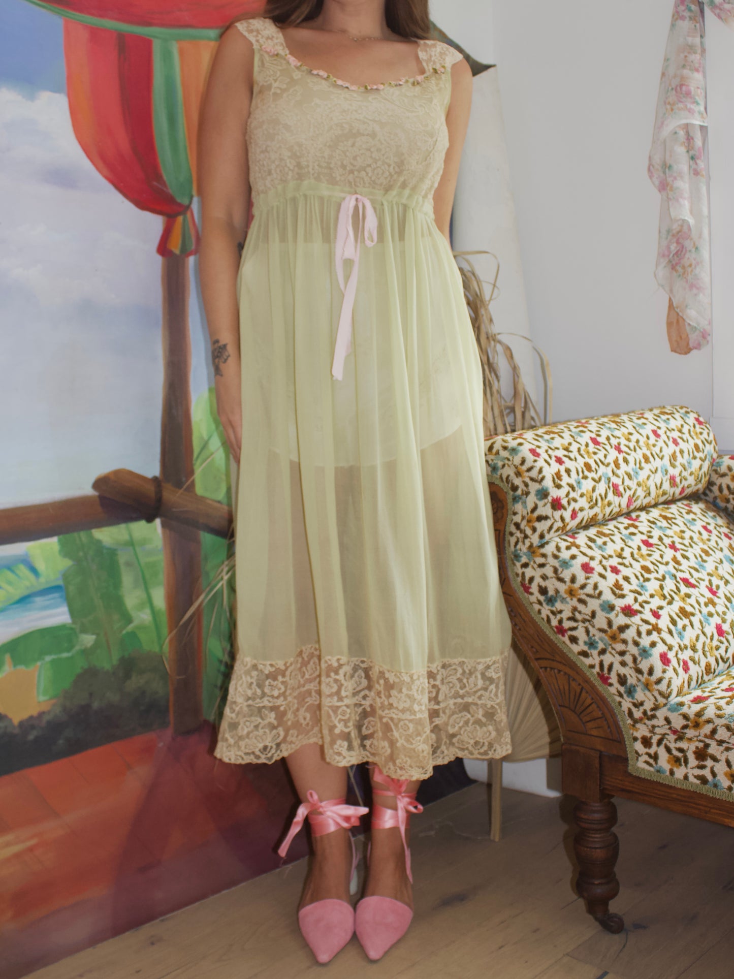 1920s Ecru Lace Mint Chiffon Floral Ribbon-work Dress
