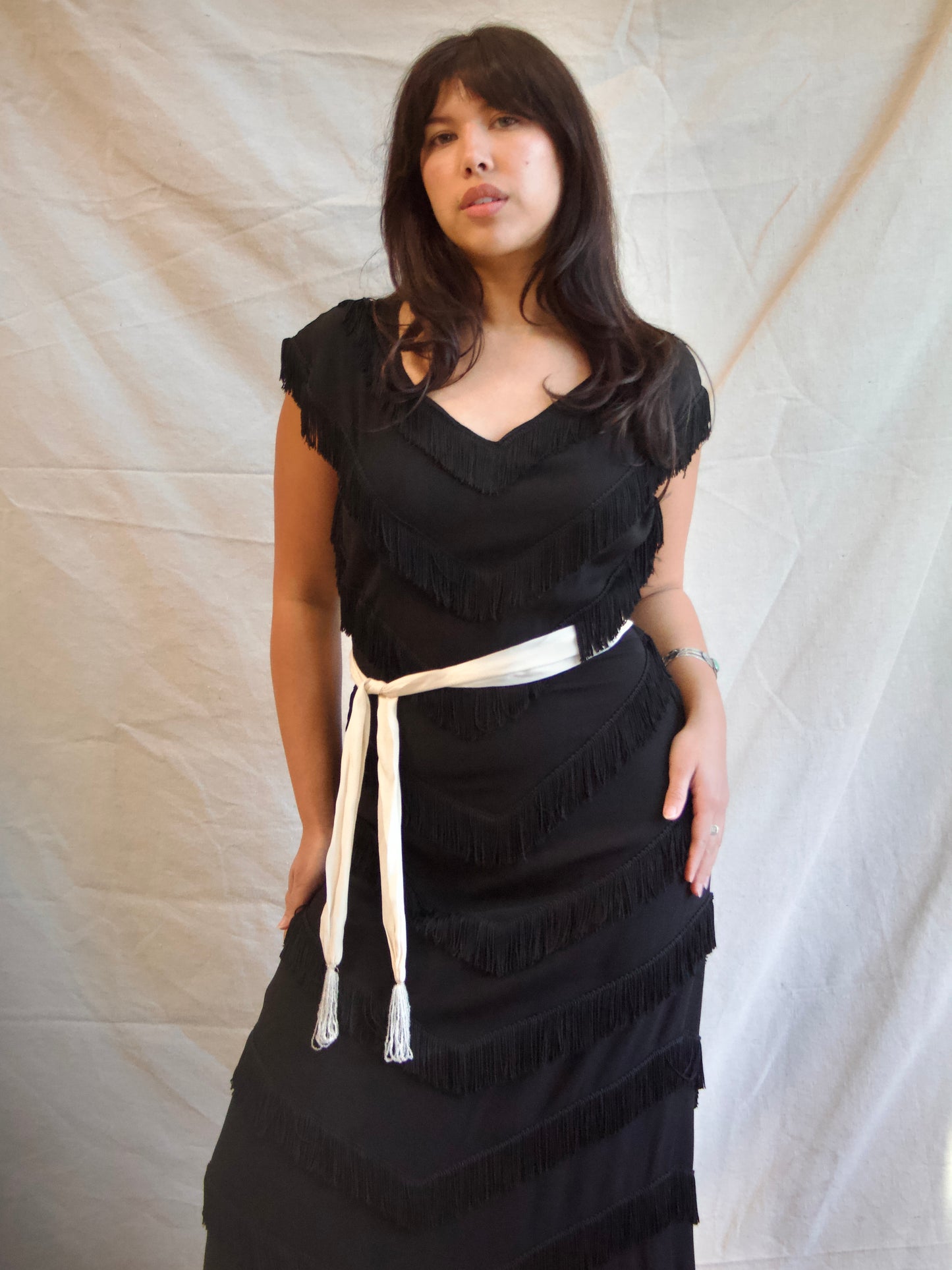 1940s Rayon Crepe Fringe Trained Gown