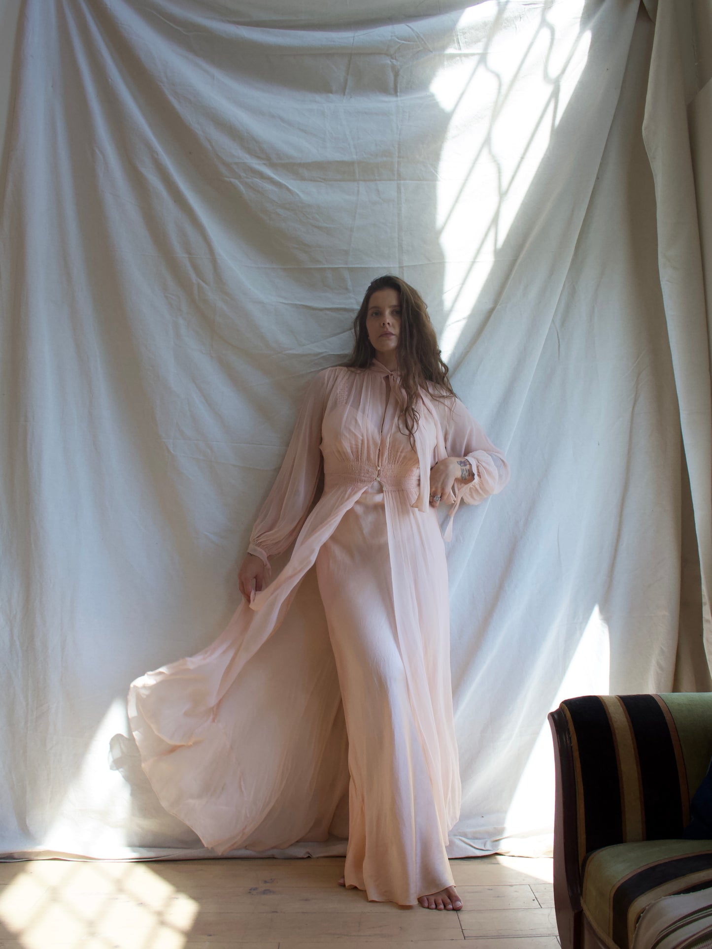 1930s Chiffon Bishop Sleeve Smocked Trained Peignoir