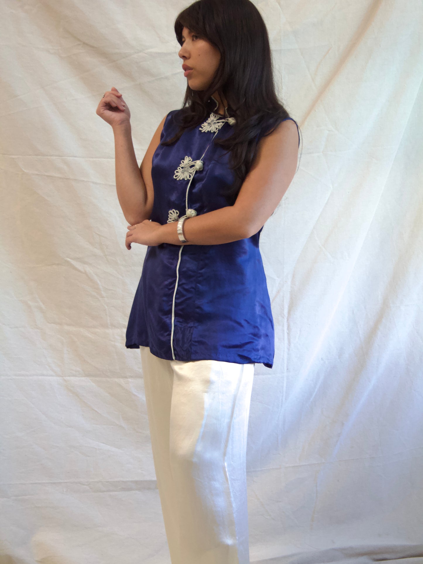 1940s Cobalt & Ivory Silk Two PC Loungewear Blouse Pant Set