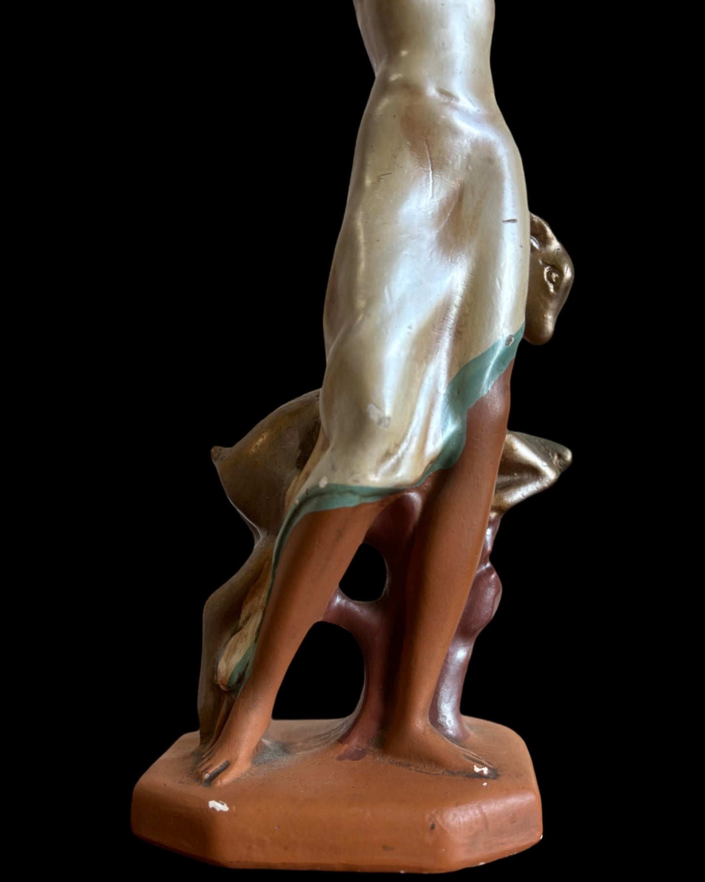 1940s Iridescent Art Nouveau Woman & Lamb Ploychrome Statuette