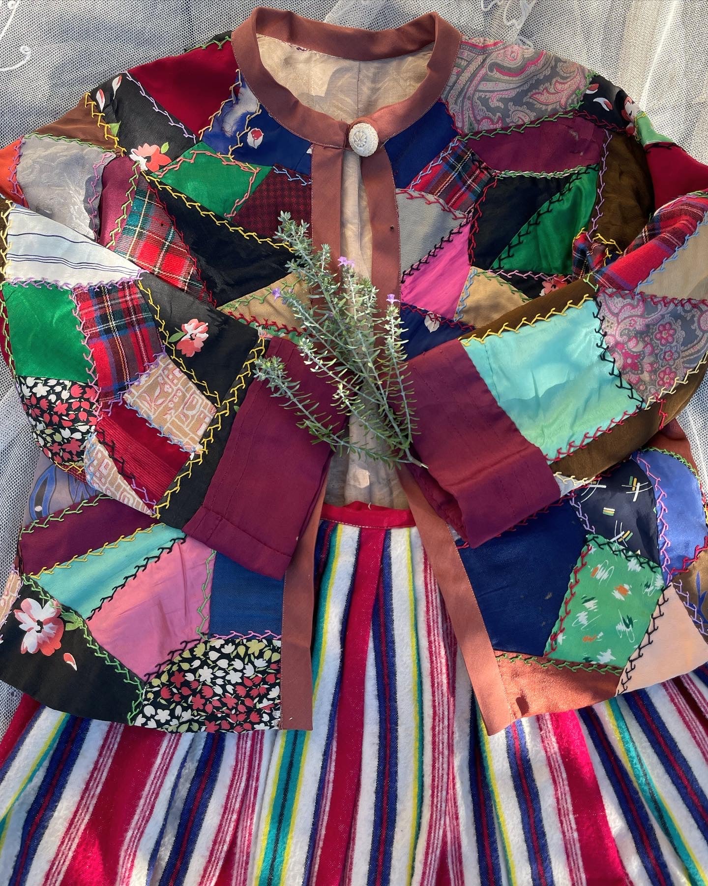 1930s Silk Satin Crazy Quilt Bell Sleeve Cropped Jacket