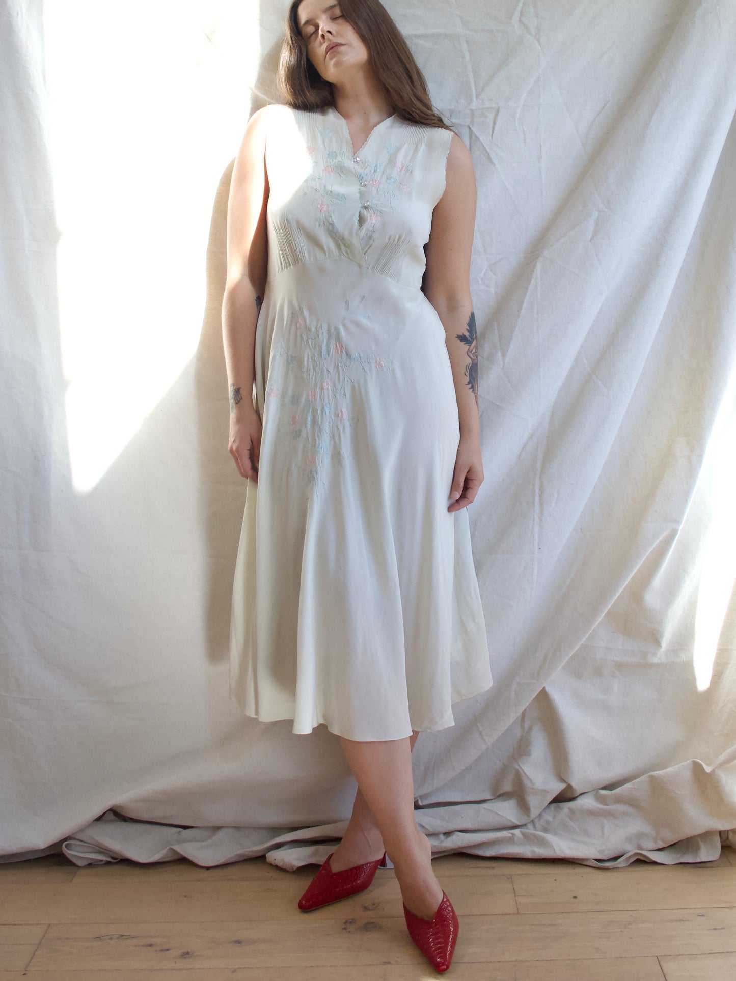 1930s Pale Seafoam Silk Floral Appliqué Slip Dress