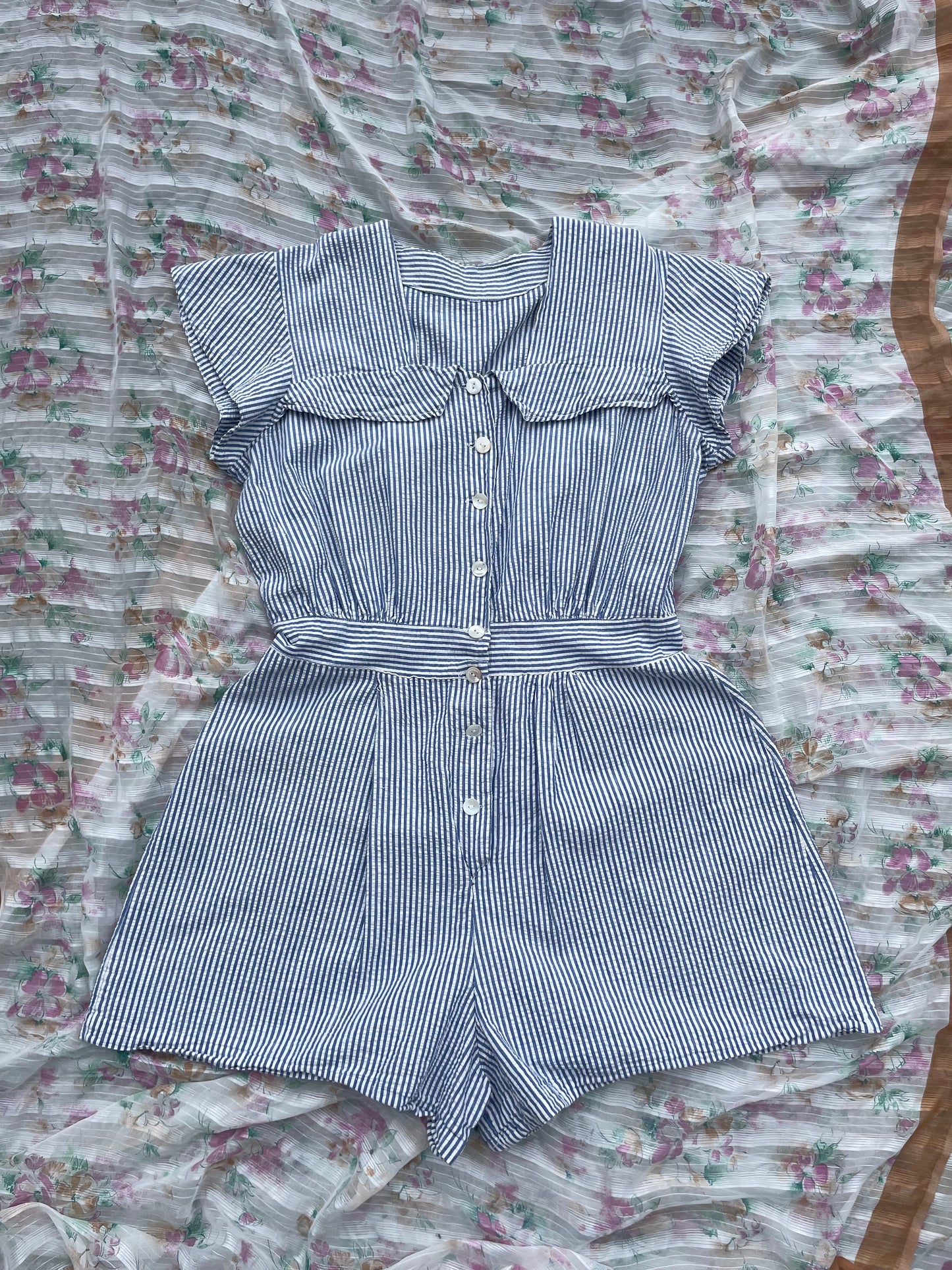 1930s-1940s Striped Seersucker Cap Sleeve Playsuit
