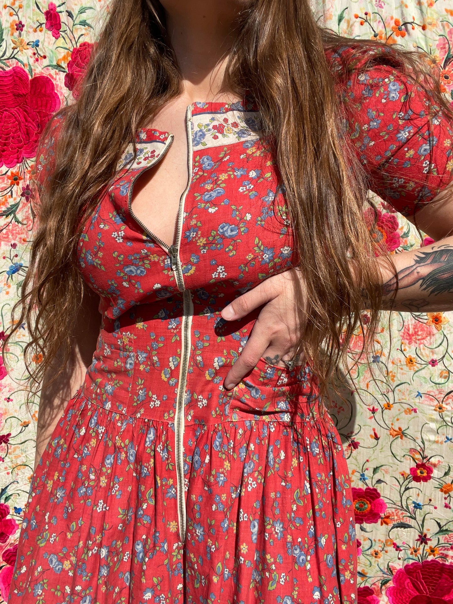Romantic 1930s Puff Sleeve Zip Front Floral Cotton Dress