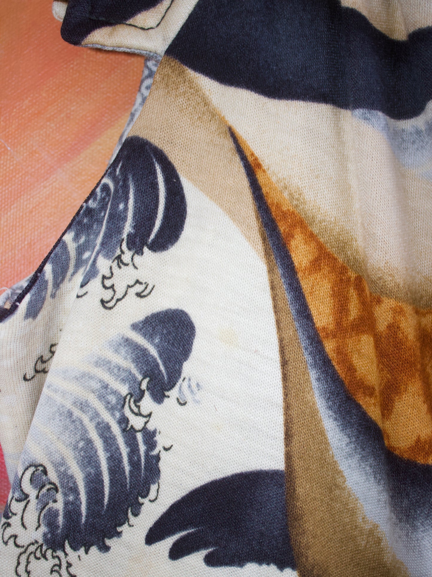 1960s Japanese Print Knit Jersey Mandarin Collar Tunic Blouse