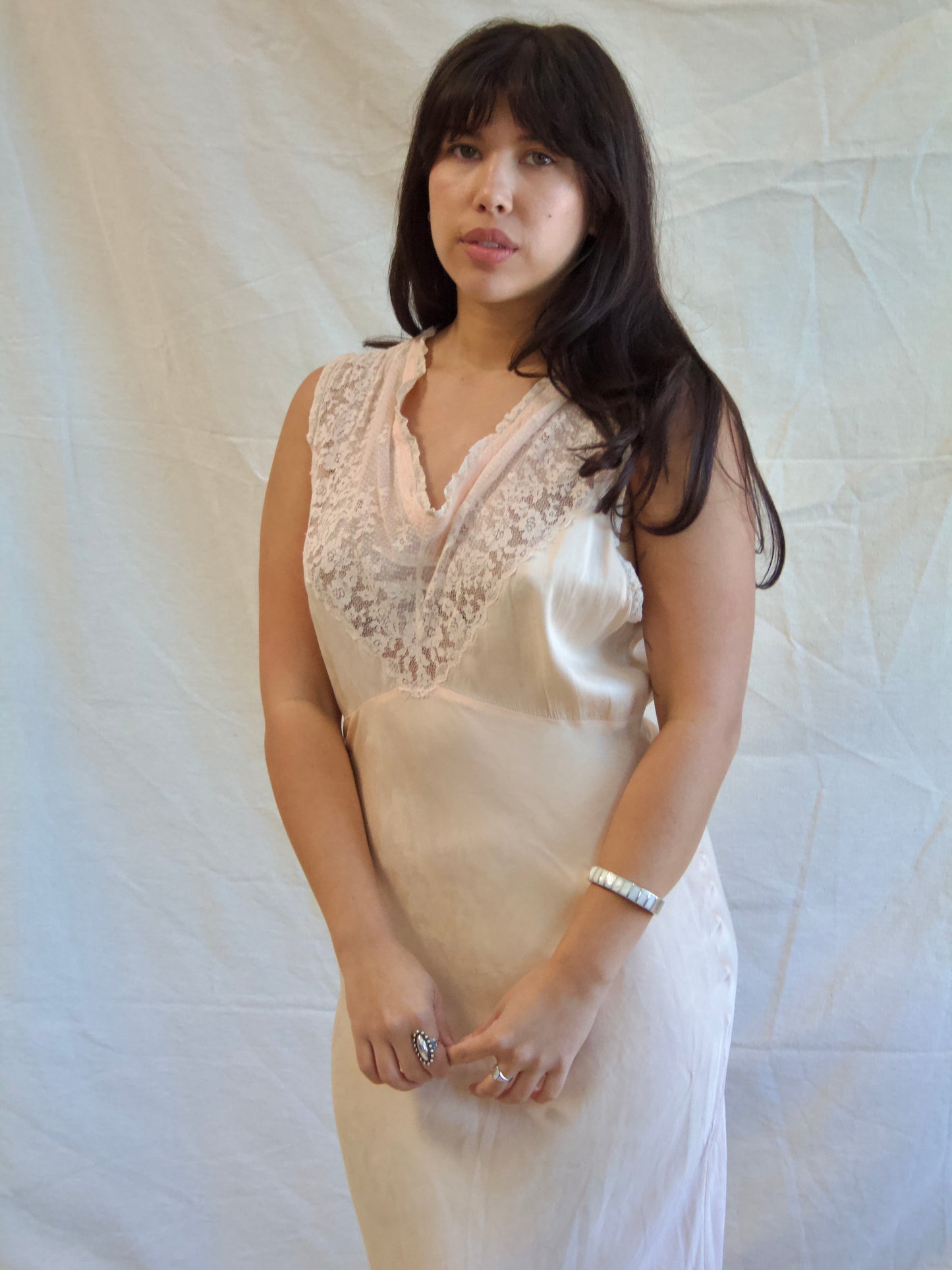 1930s Pale Pink & Lace Bias Cut Slip Dress