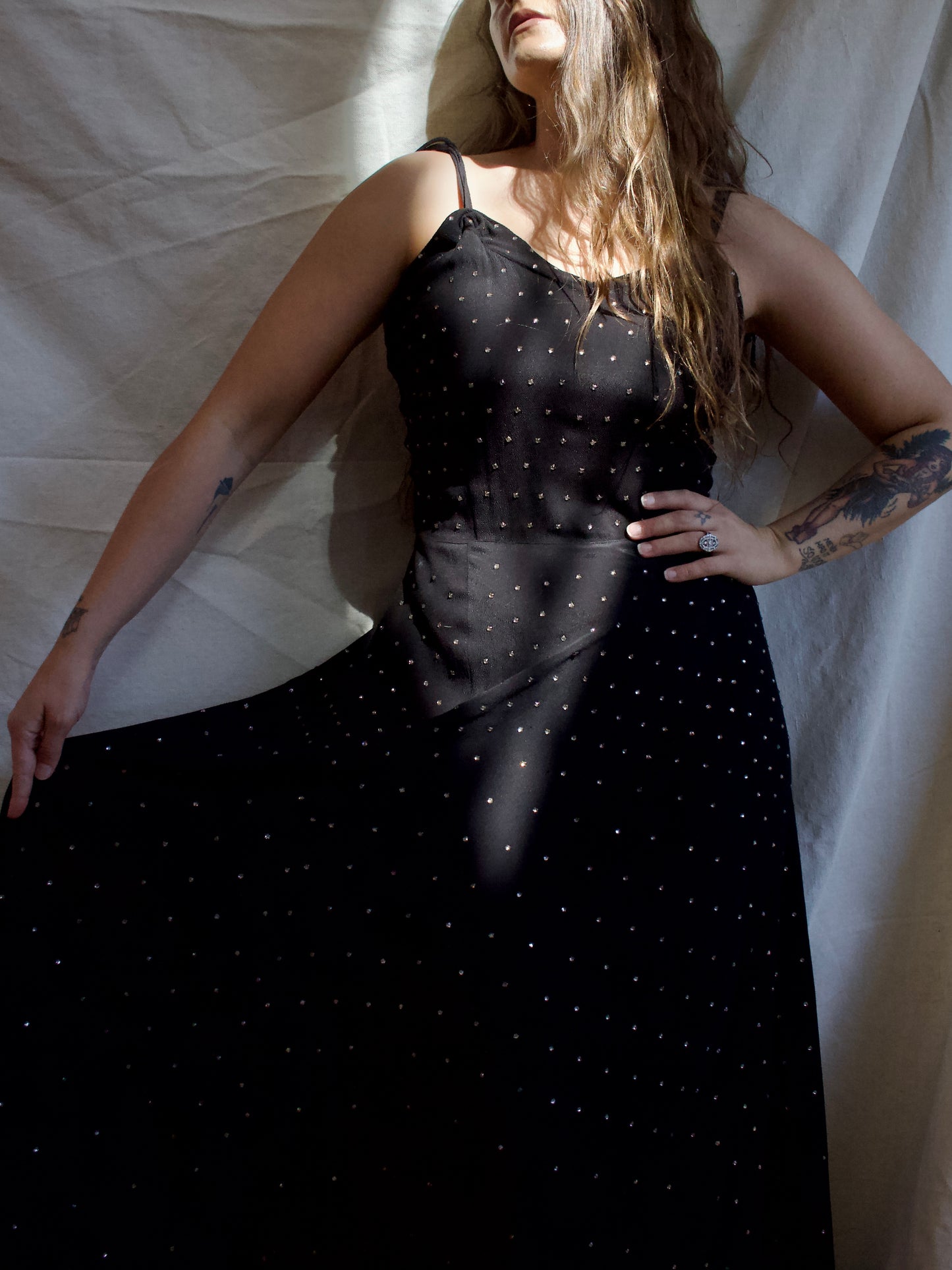 1930s Diamanté Rayon Crete Jet Black Tie Shoulder Gown