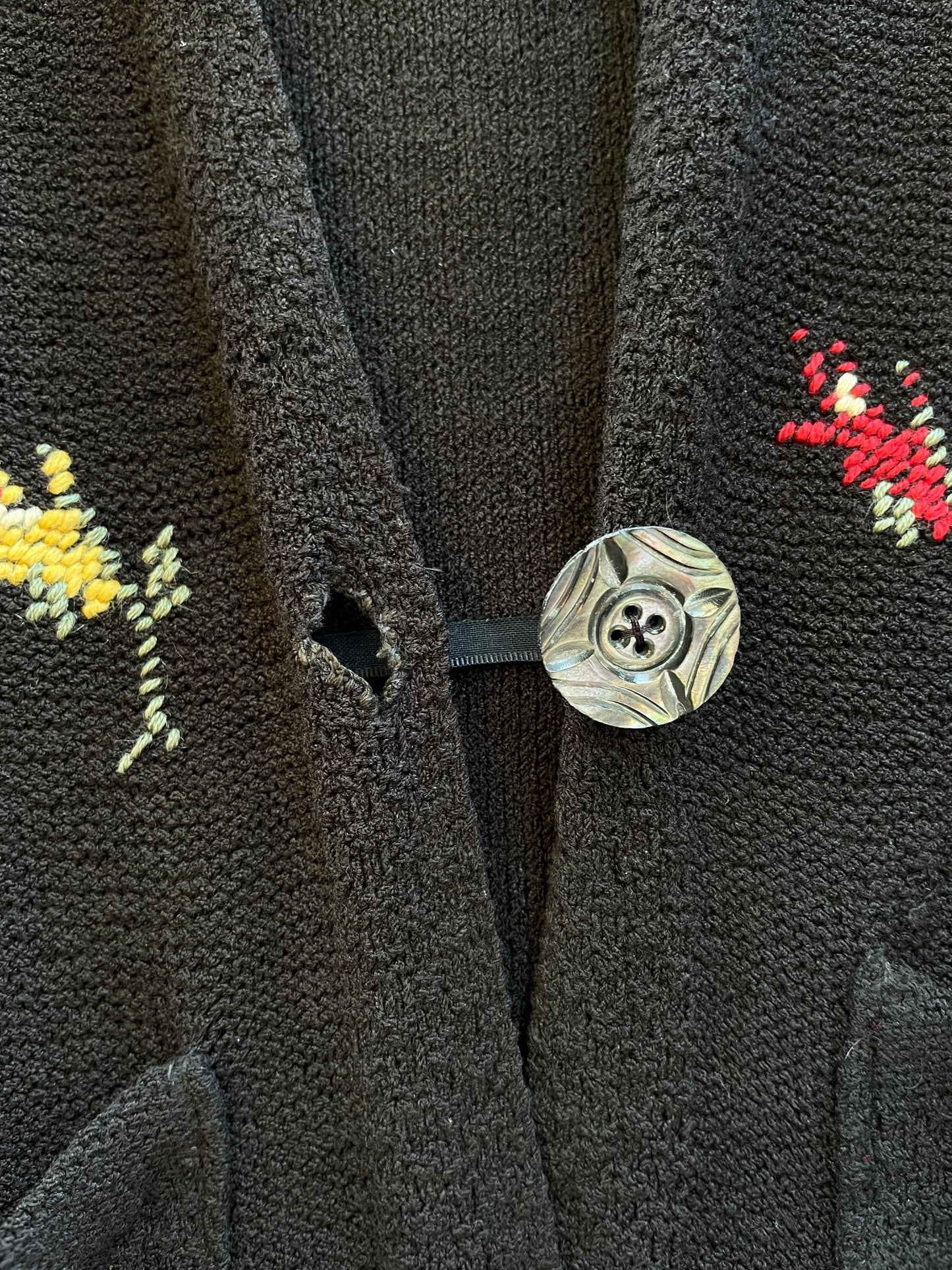 1920s Belgian Cotton Knit Hand Embroidered Floral Pocket Cardigan