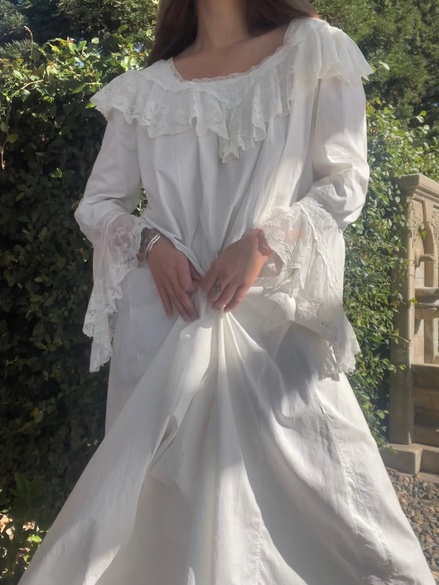 Late 19th C Cotton Ruffled Lace Angel Sleeve Trousseau Gown
