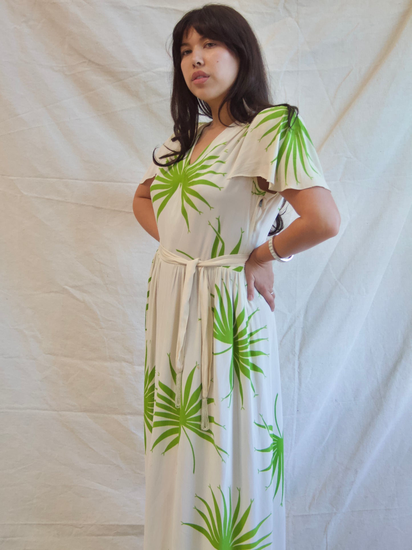 1940s Strong Shoulder Lime Green Palm Print Silk Crepe Dress