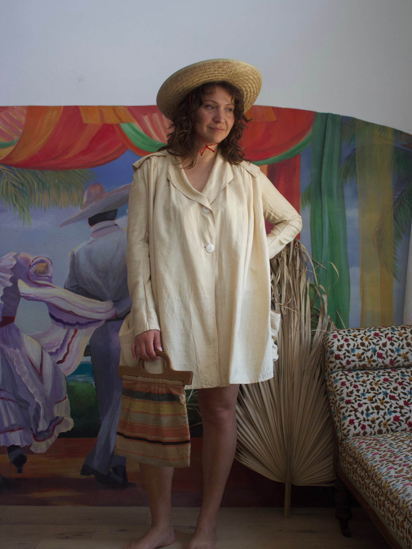 1920s Ecru Pongee Silk Sailor Collar Swing Style Smock Jacket W* MOP Buttons