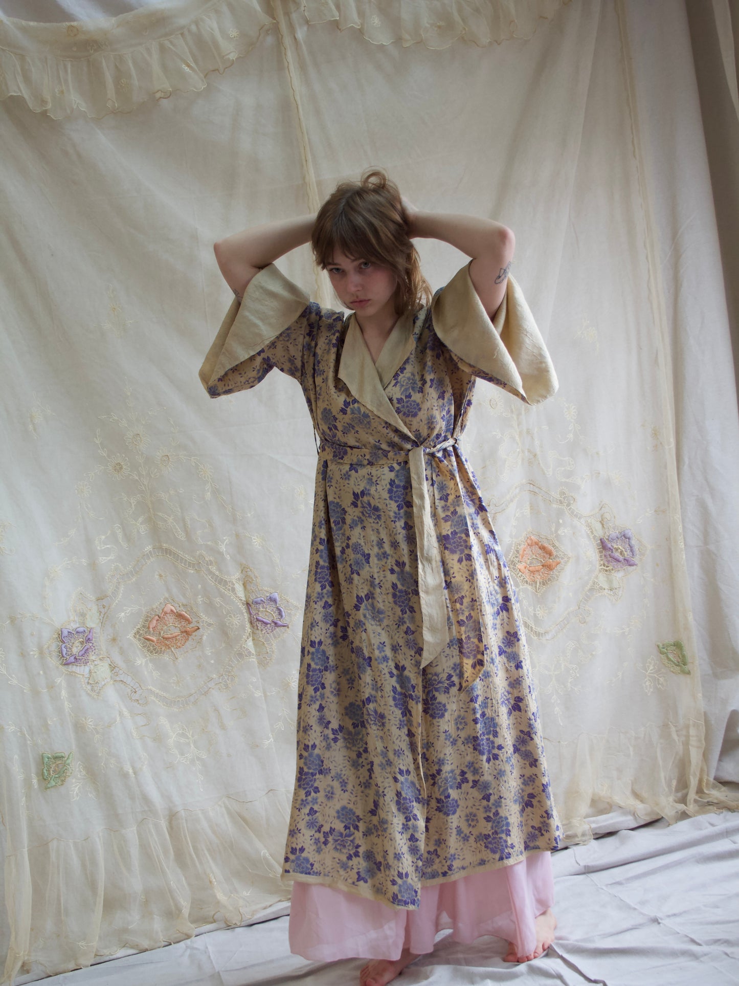 Antique 1920s Reversible Flutter Sleeve Floral Pongee Silk Robe