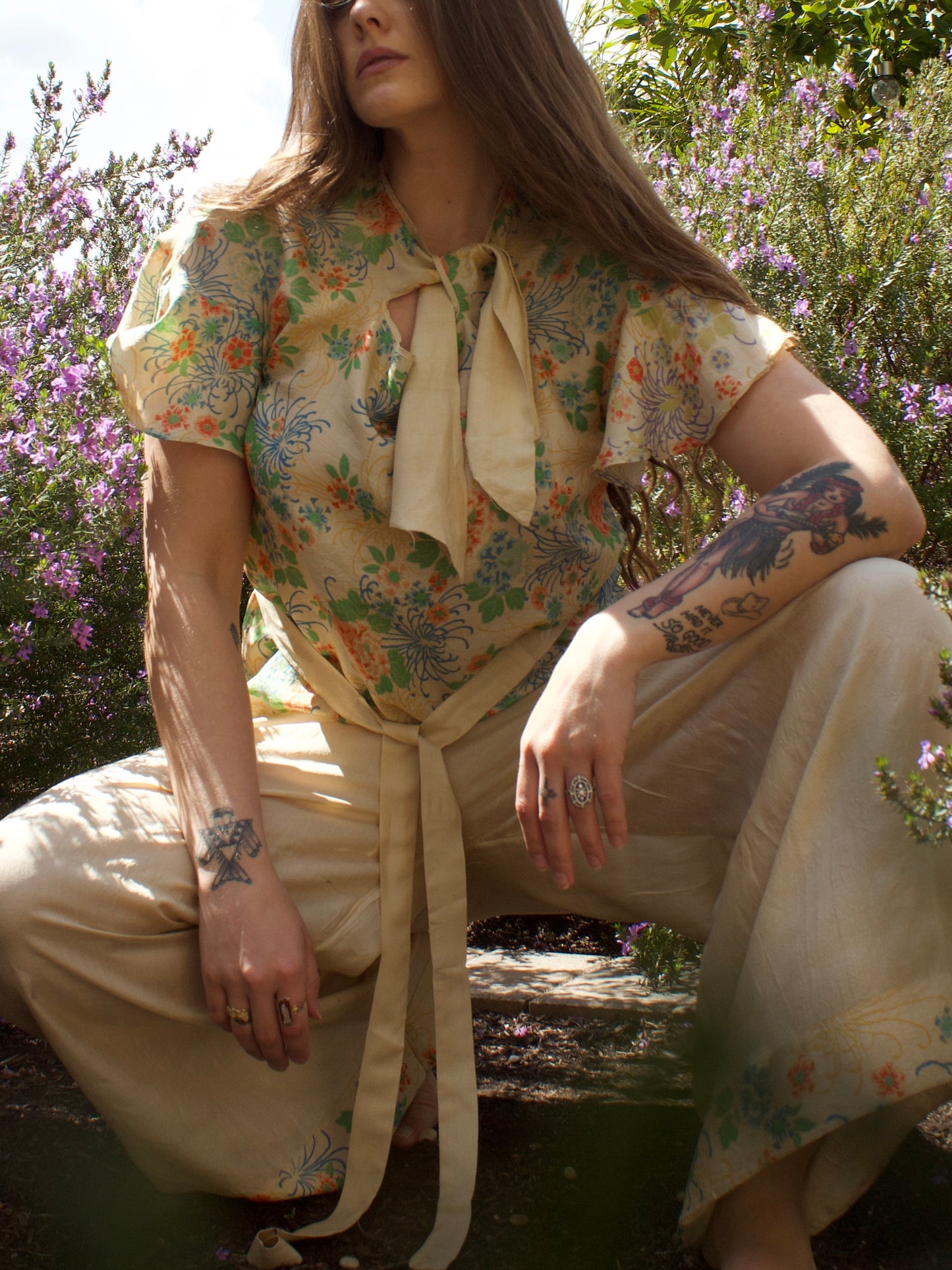 Antique 1920s Pongee Silk Flutter Sleeve 2 Piece Palazzo Pant Set