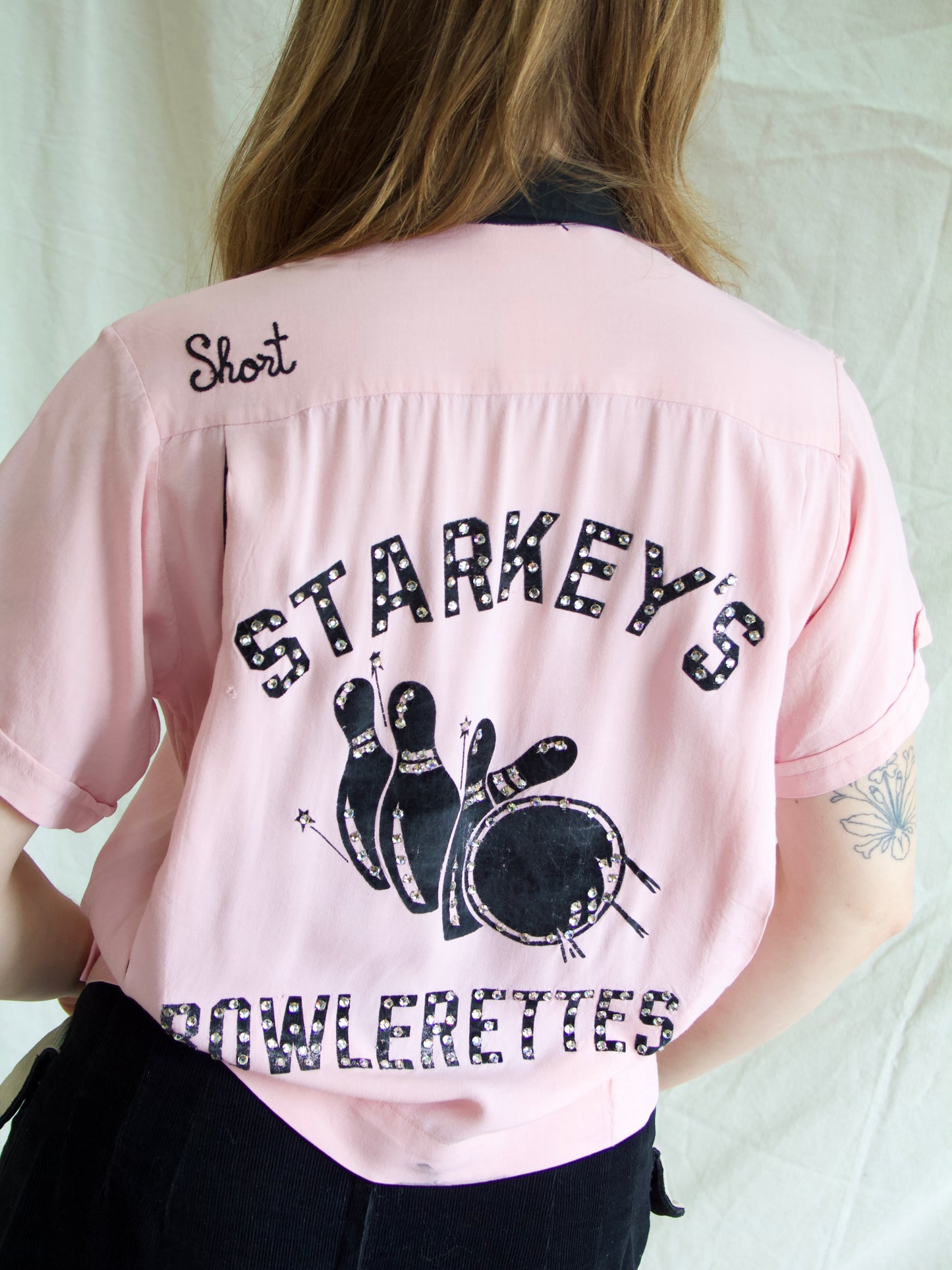 Rare 1950s “Starkeys Bowlerettes” Pink Rhinestone Embellished Gabardine Bowling Shirt