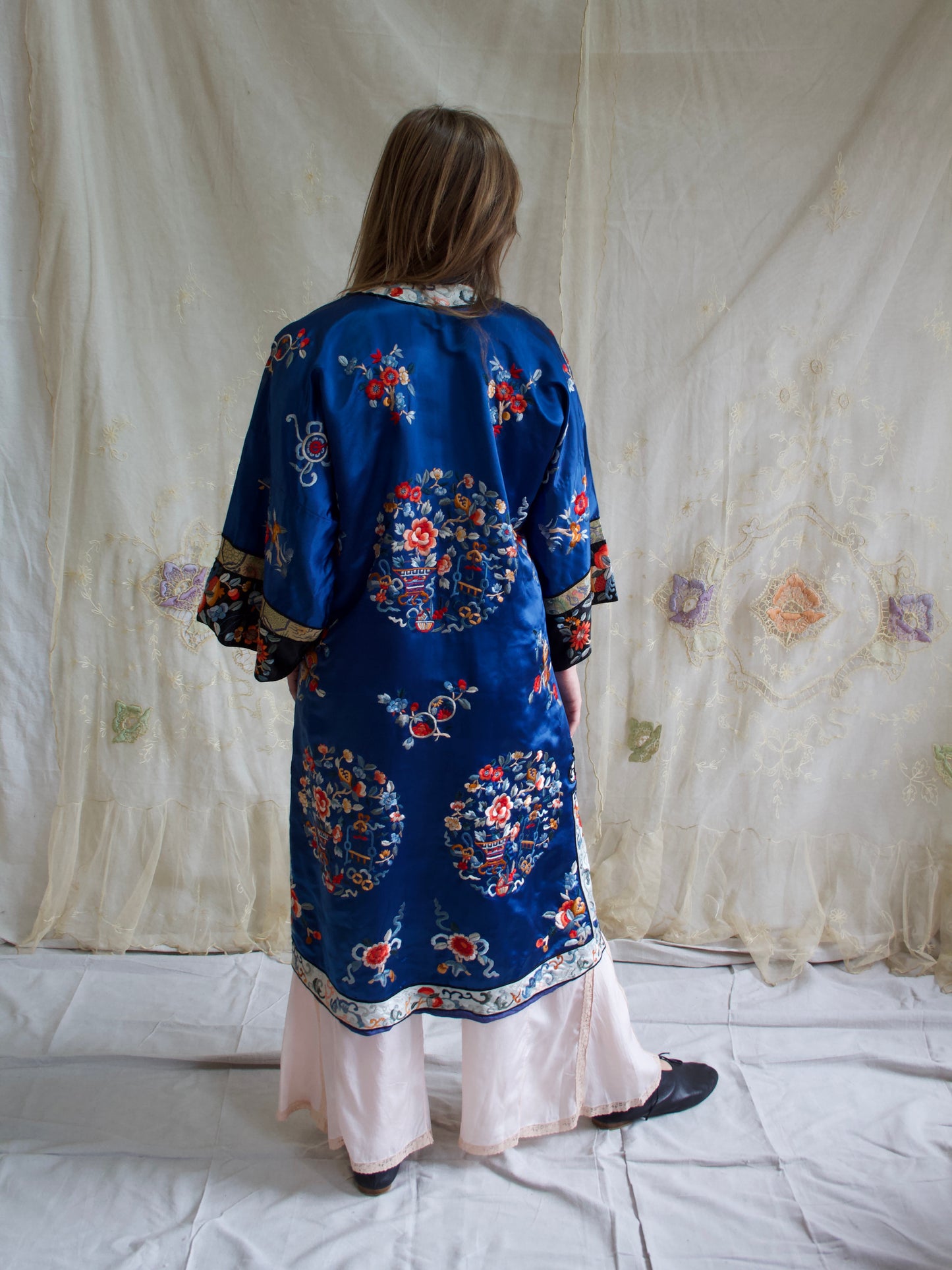 1940s Royal Blue Silk Chinese Mandarin Collar Robe