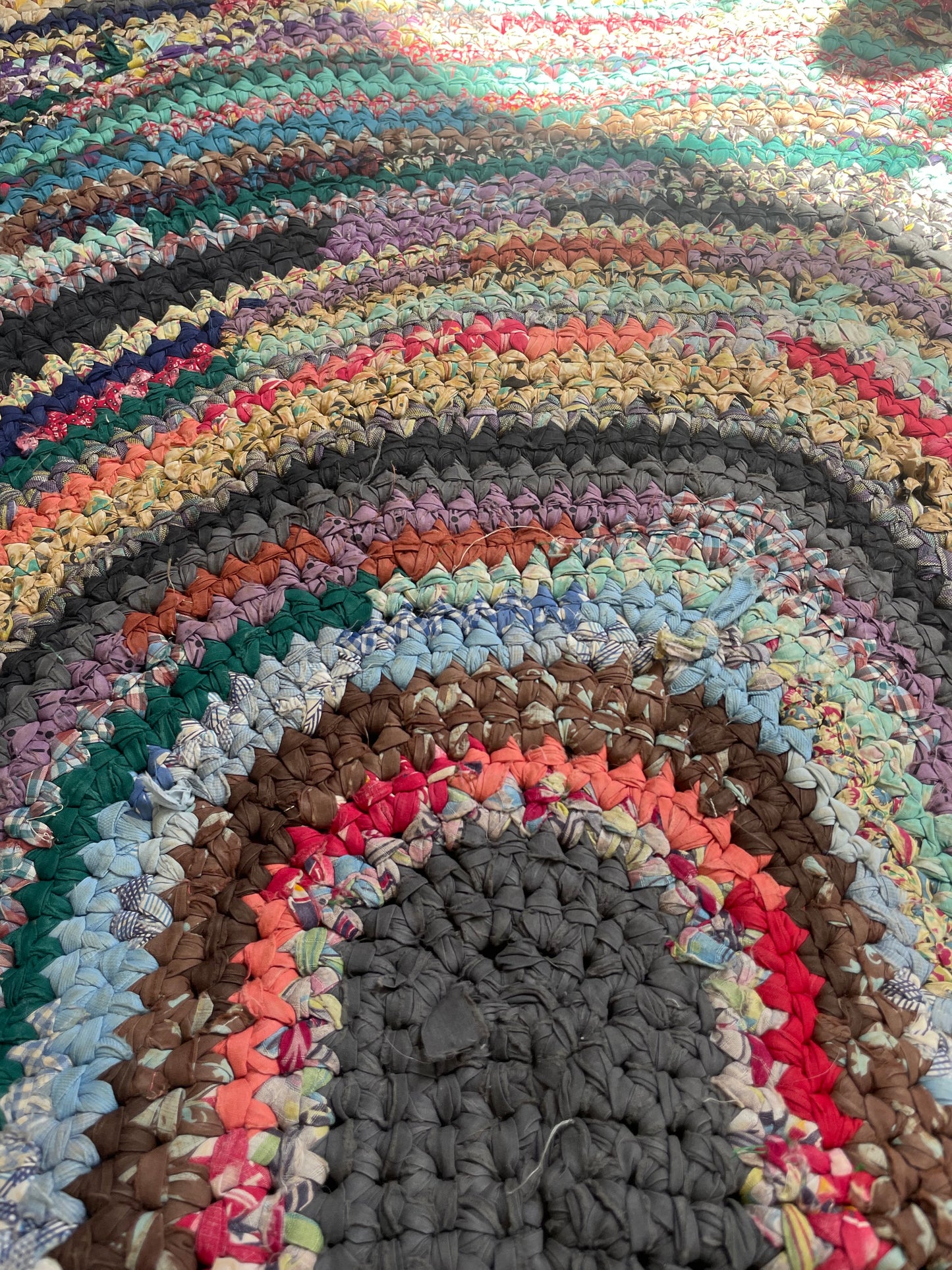 Depression Era Multi-Colored Feedsack Large Oval Area Rag Rug