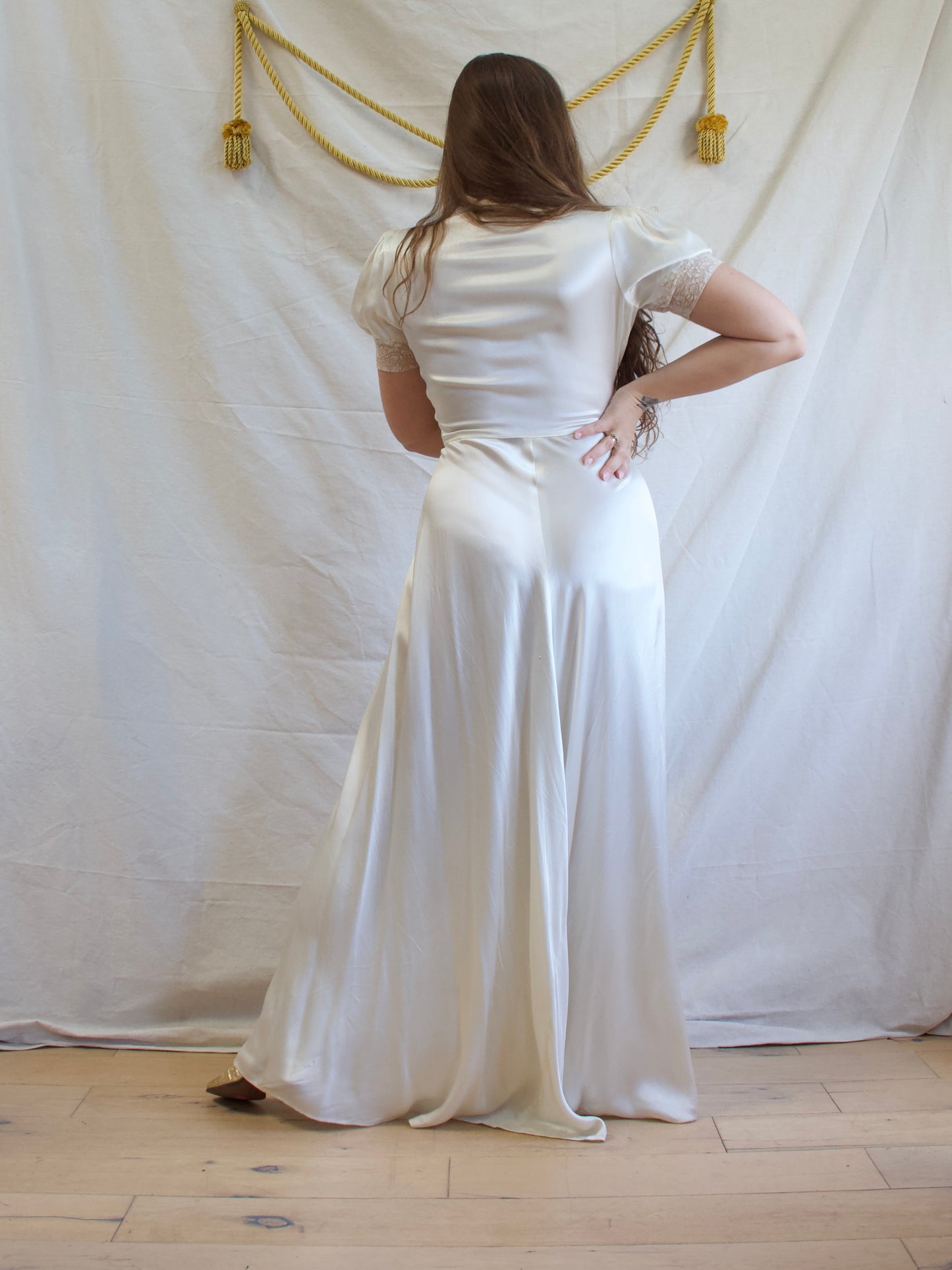 Late 1930s Liquid Silk Satin Trained Zip Front Inset Lace Gown